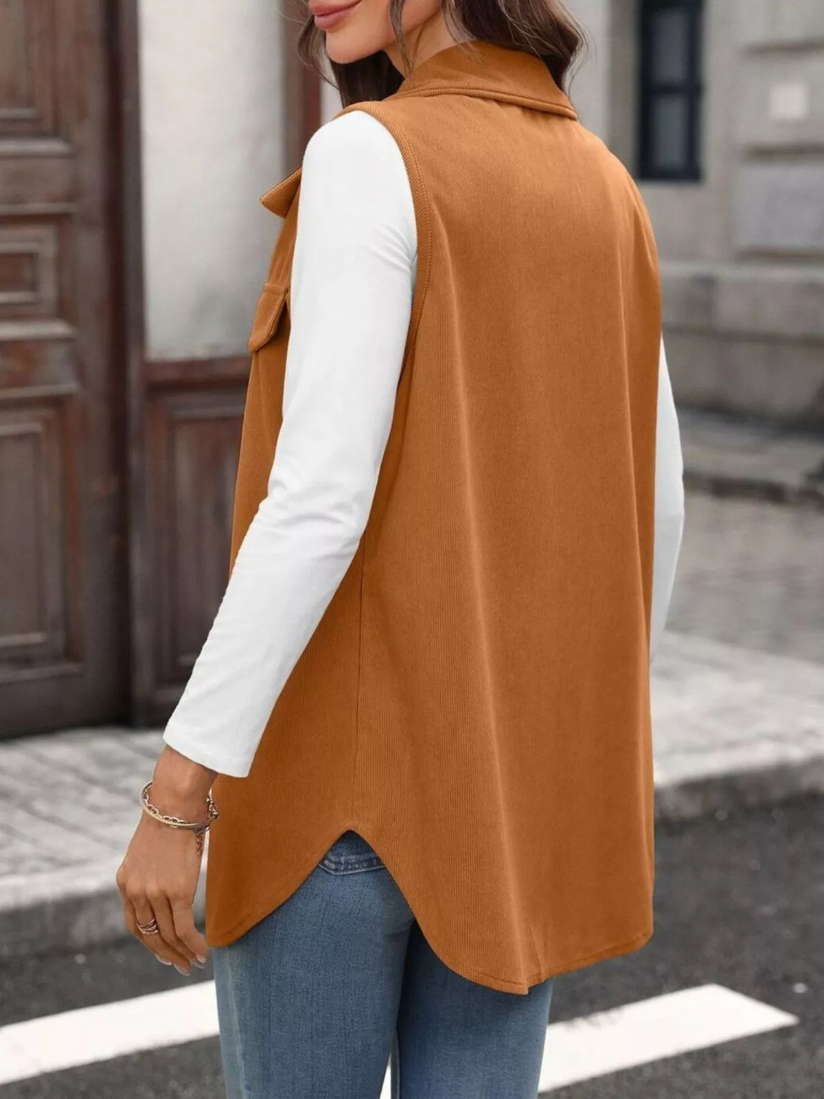 button-down utility vest coat | dropsona - neutral - close-up detail