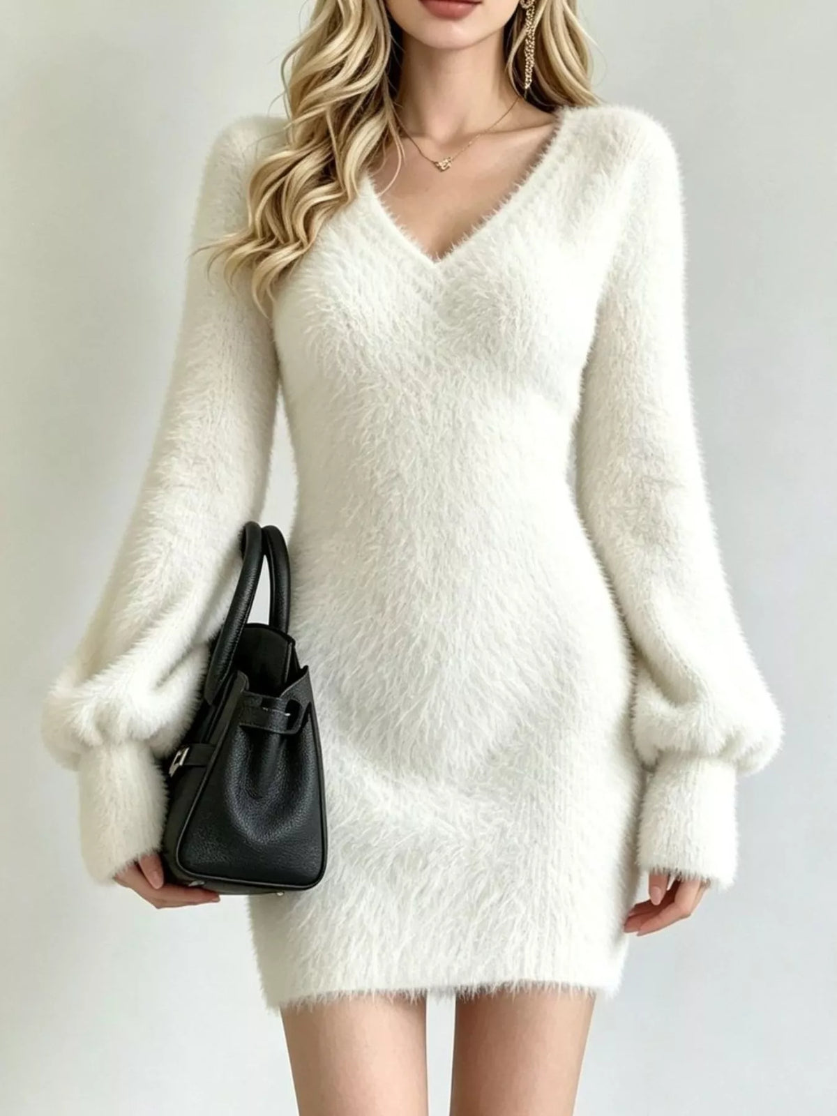 fuzzy v-neck long sleeve sweater dress – basic style | dropsona - neutral - size reference