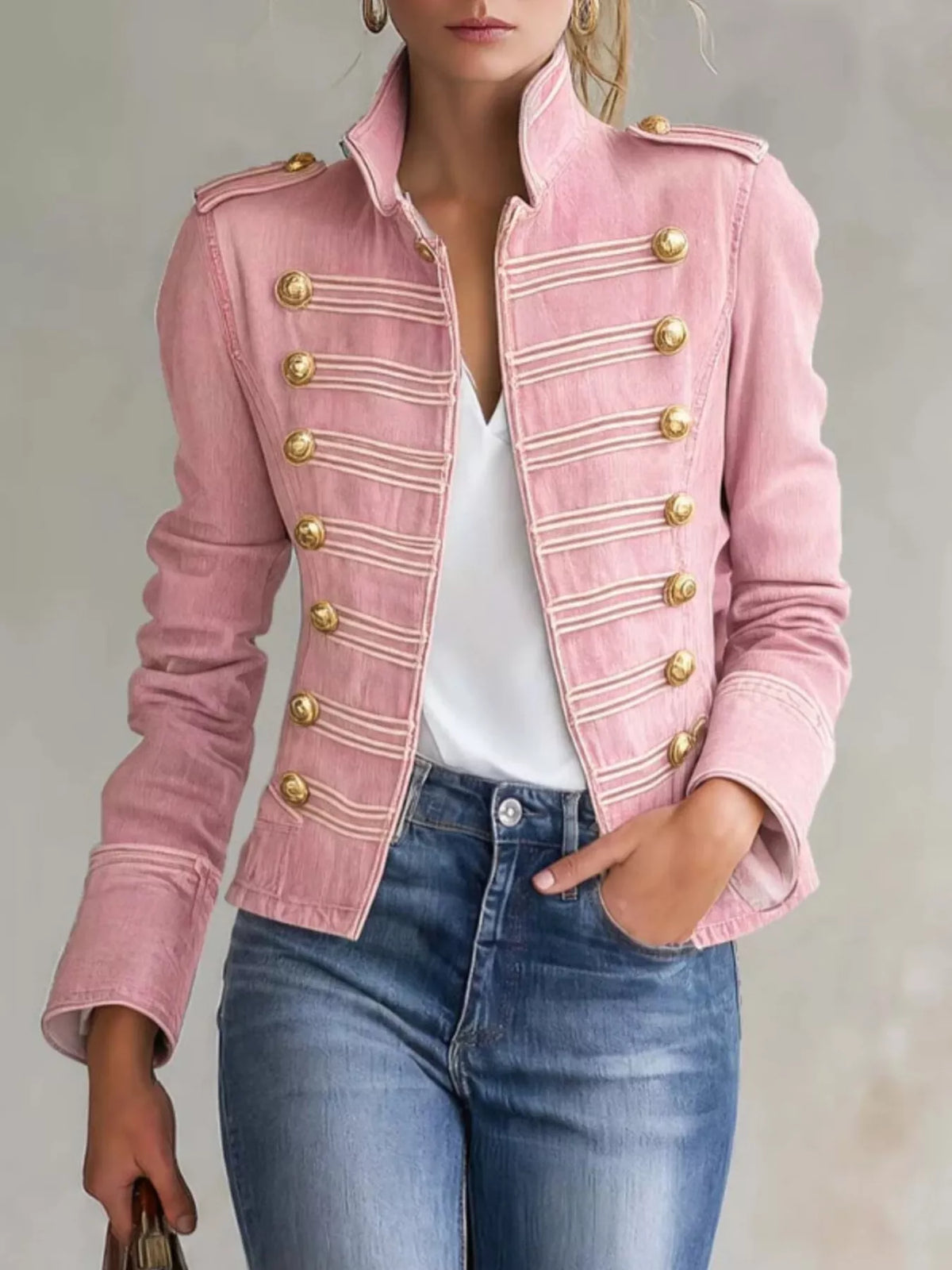 military-inspired denim jacket with gold button | dropsona - neutral - everyday use