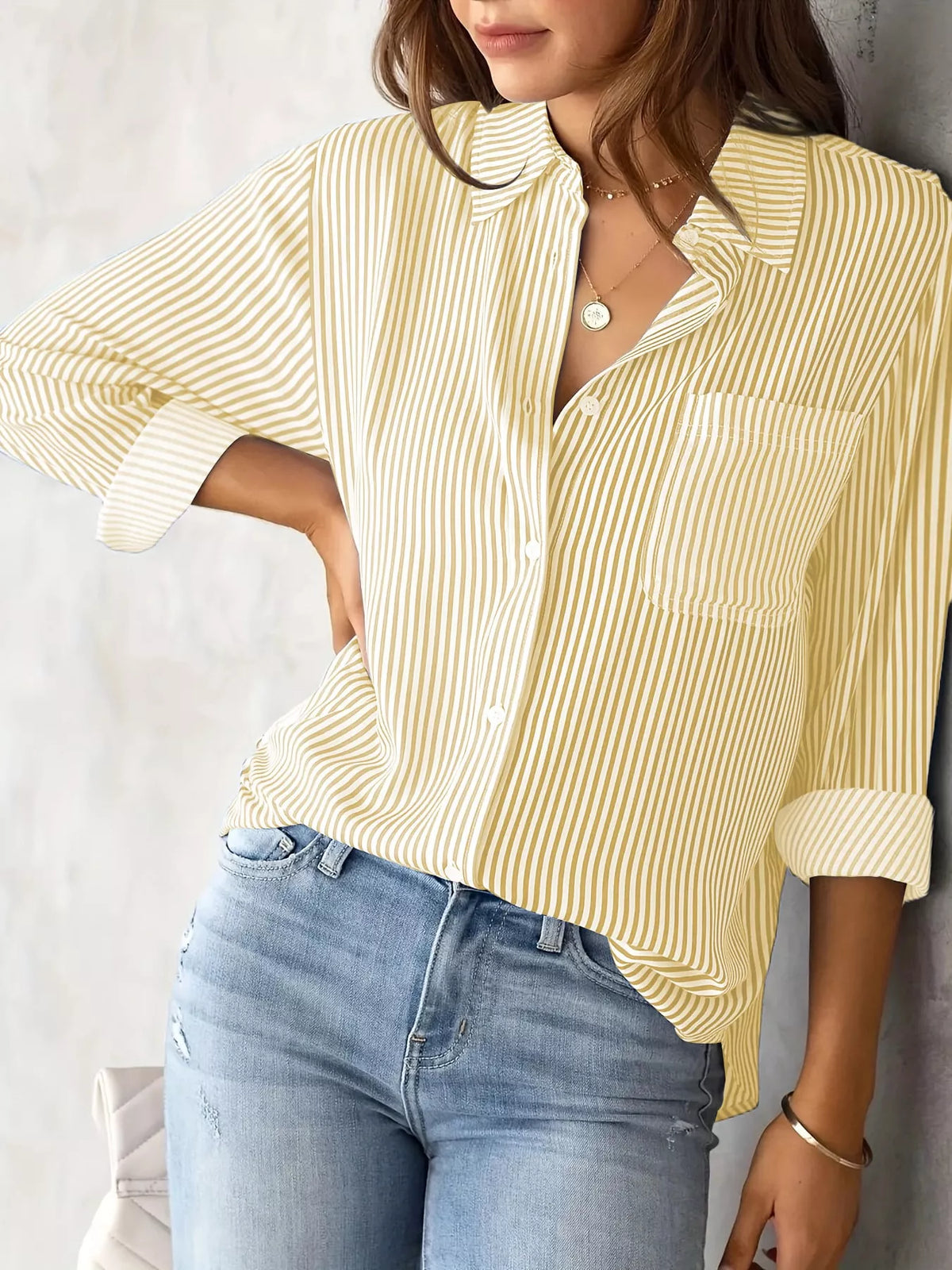 full size striped button-down long sleeve shirt plus | dropsona - neutral - front view