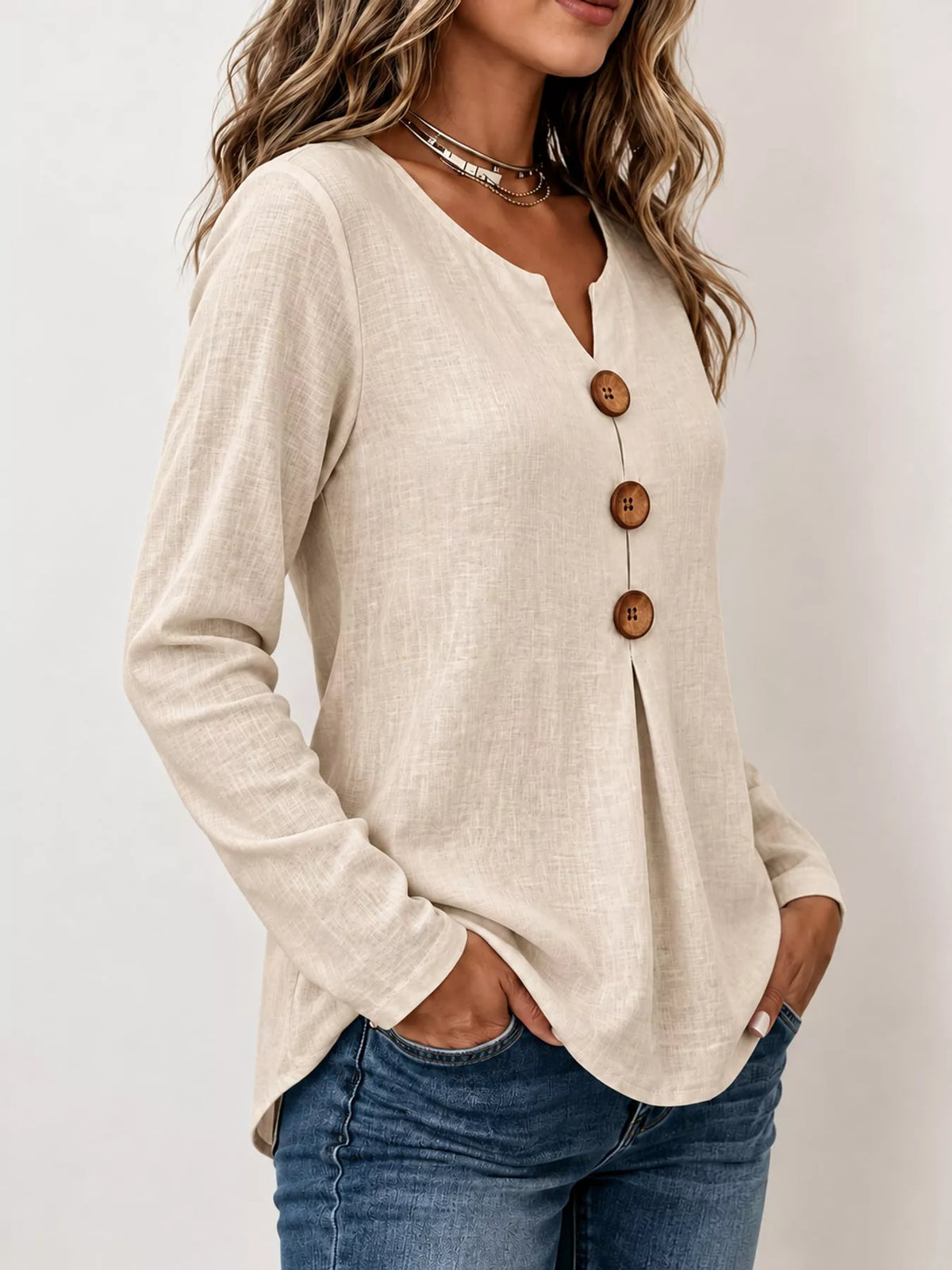 full size long sleeve blouse with decorative wooden | dropsona - neutral - size reference