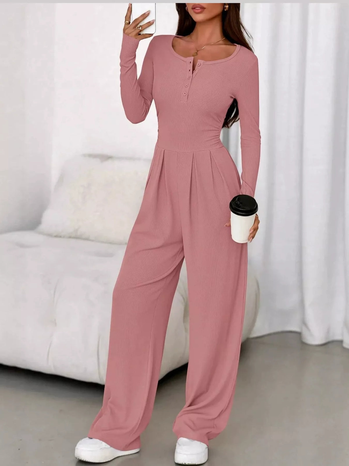 long sleeve ribbed knit wide leg jumpsuit | dropsona - neutral - material texture