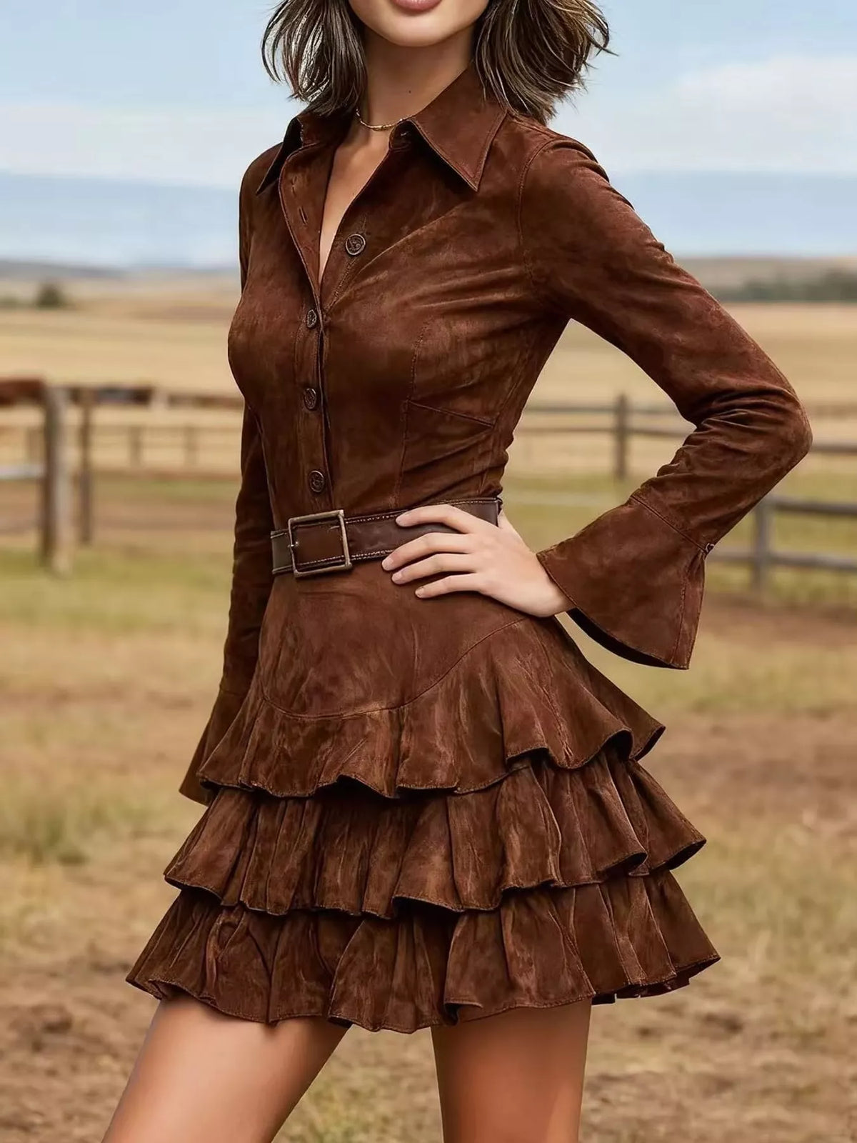 ruffle layered button front mini dress – ruffled fit | dropsona - neutral - material texture