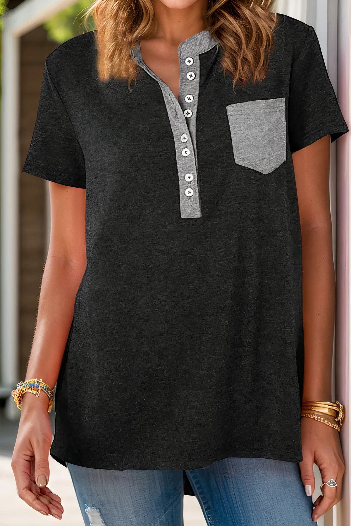 full size half button short sleeve t-shirt - everyday wear