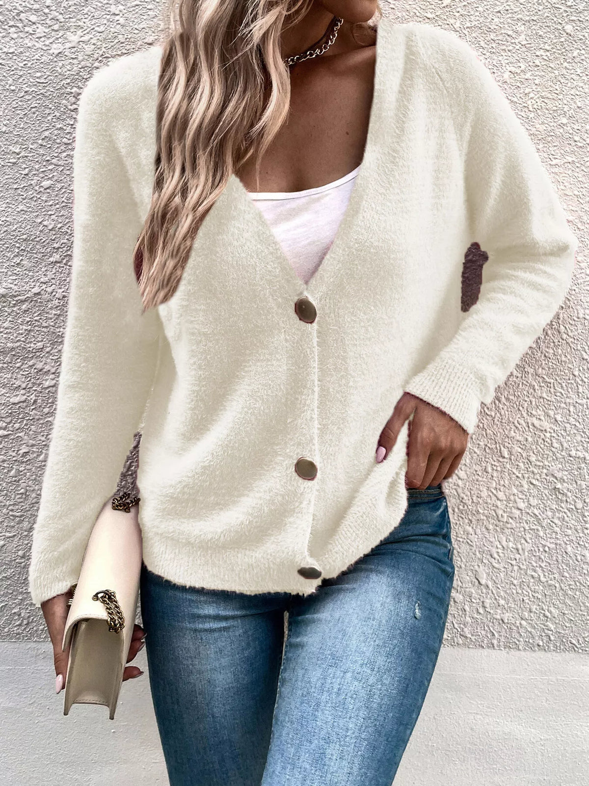 soft fuzzy v-neck button-down cardigan – buttoned | dropsona - neutral - usage example