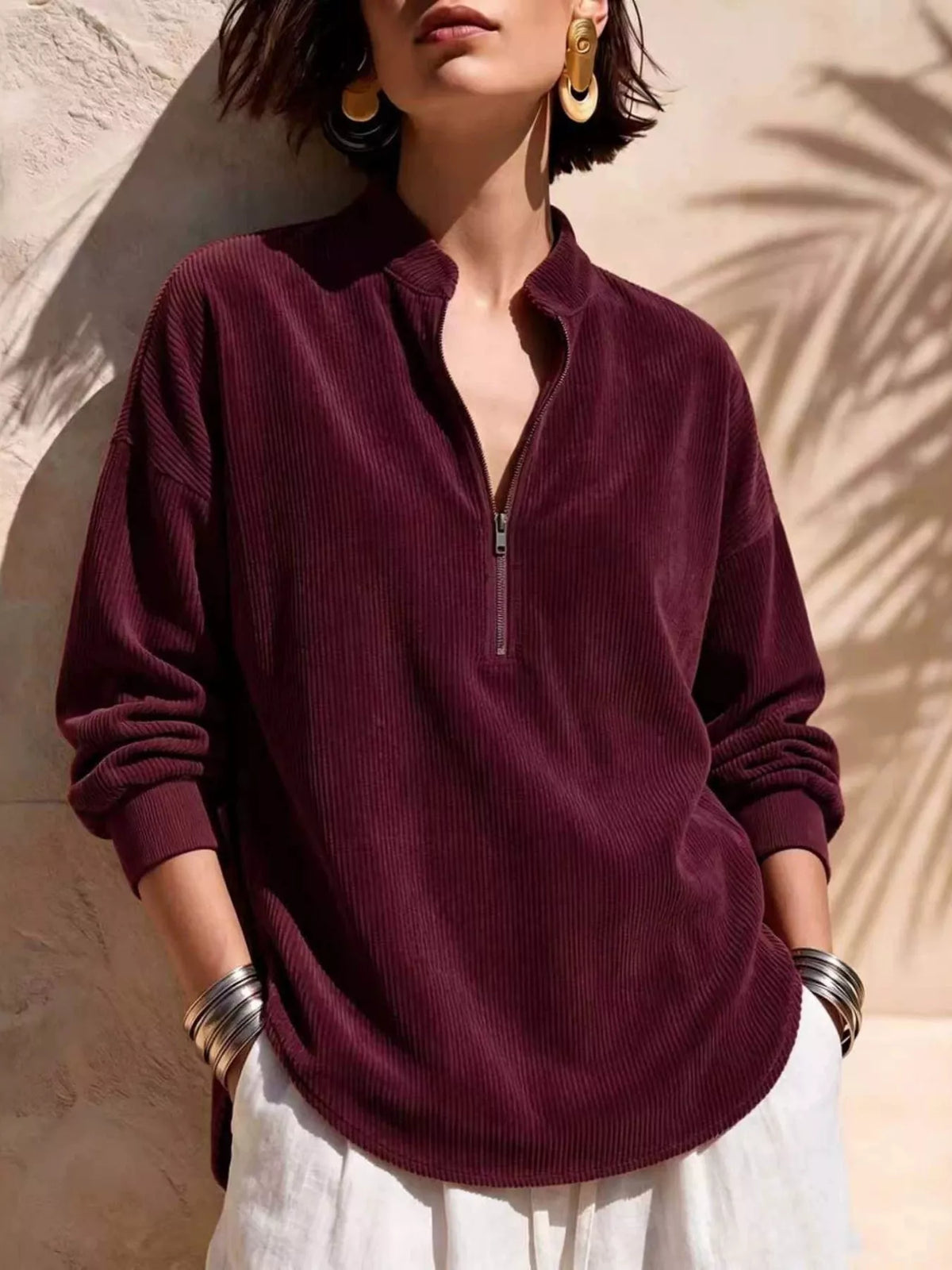 full size half zip dropped shoulder corduroy top plus | dropsona - neutral - close-up detail