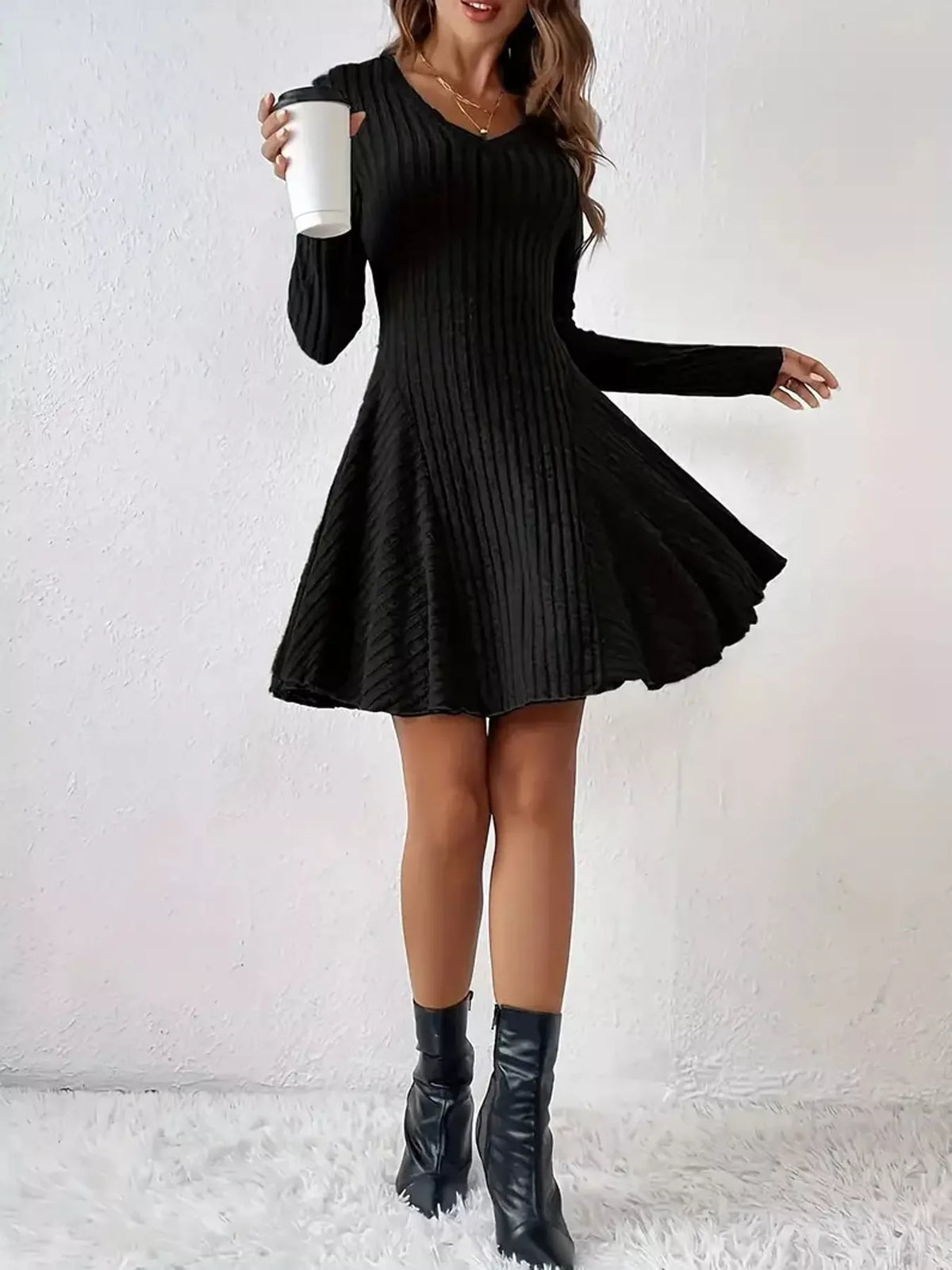 v-neck ribbed knit a-line dress – | dropsona - neutral - size reference