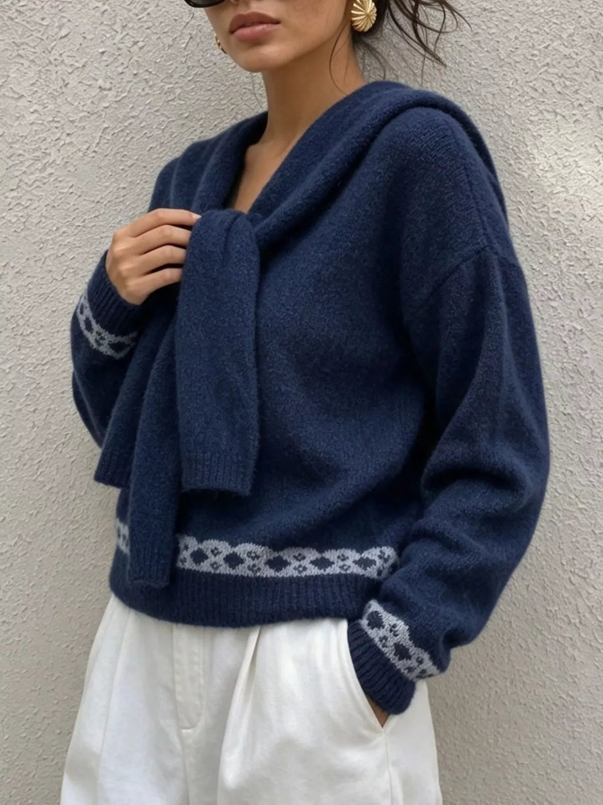 scarf detail dropped shoulder sweater – basic style | dropsona - neutral - size reference