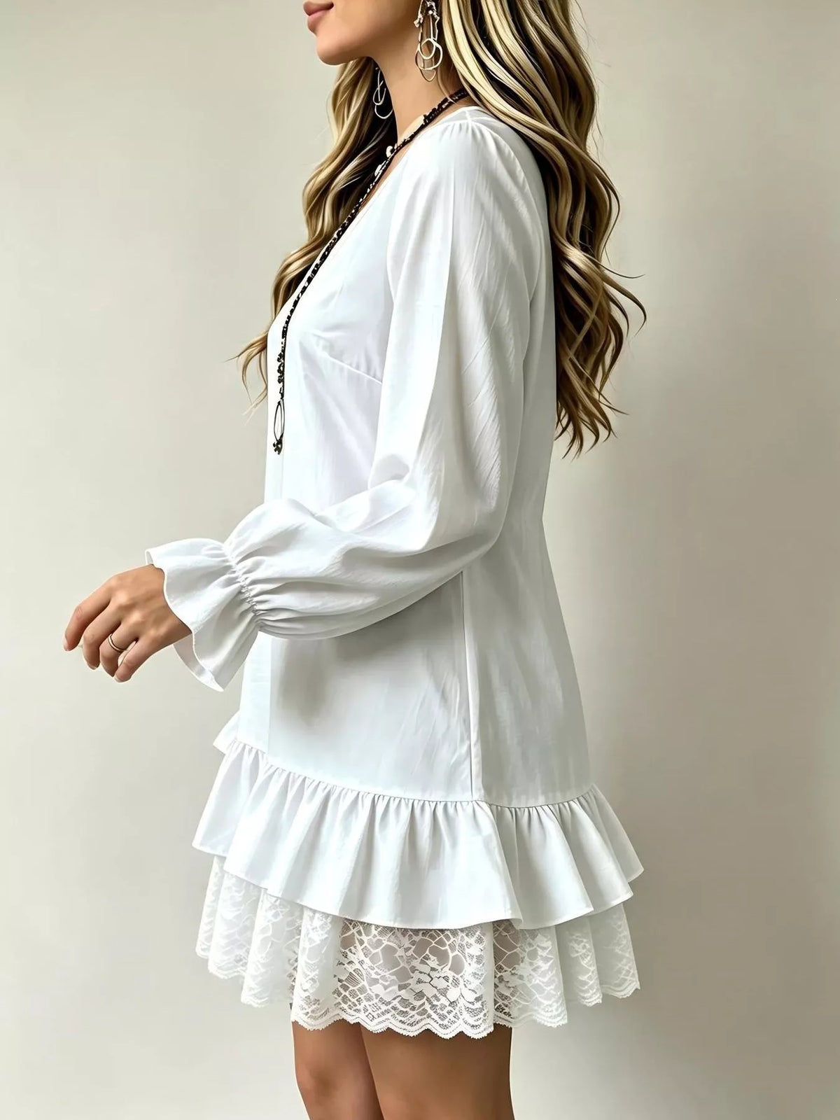 v-neck long sleeve ruffle hem lace trim mini dress | dropsona - neutral - front view