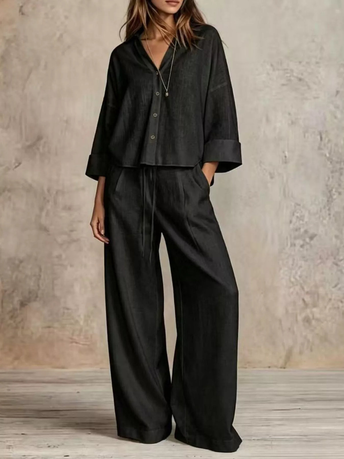 full size button-down shirt and wide-leg pants set | dropsona - neutral - material texture