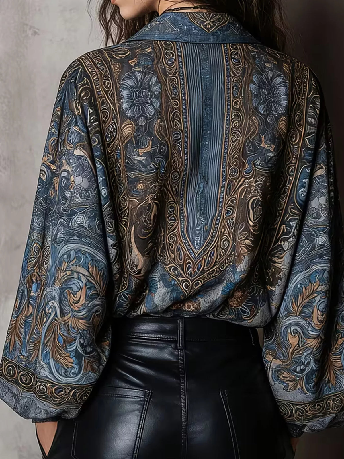 full size vintage print long sleeve oversized blouse | dropsona - neutral - material texture