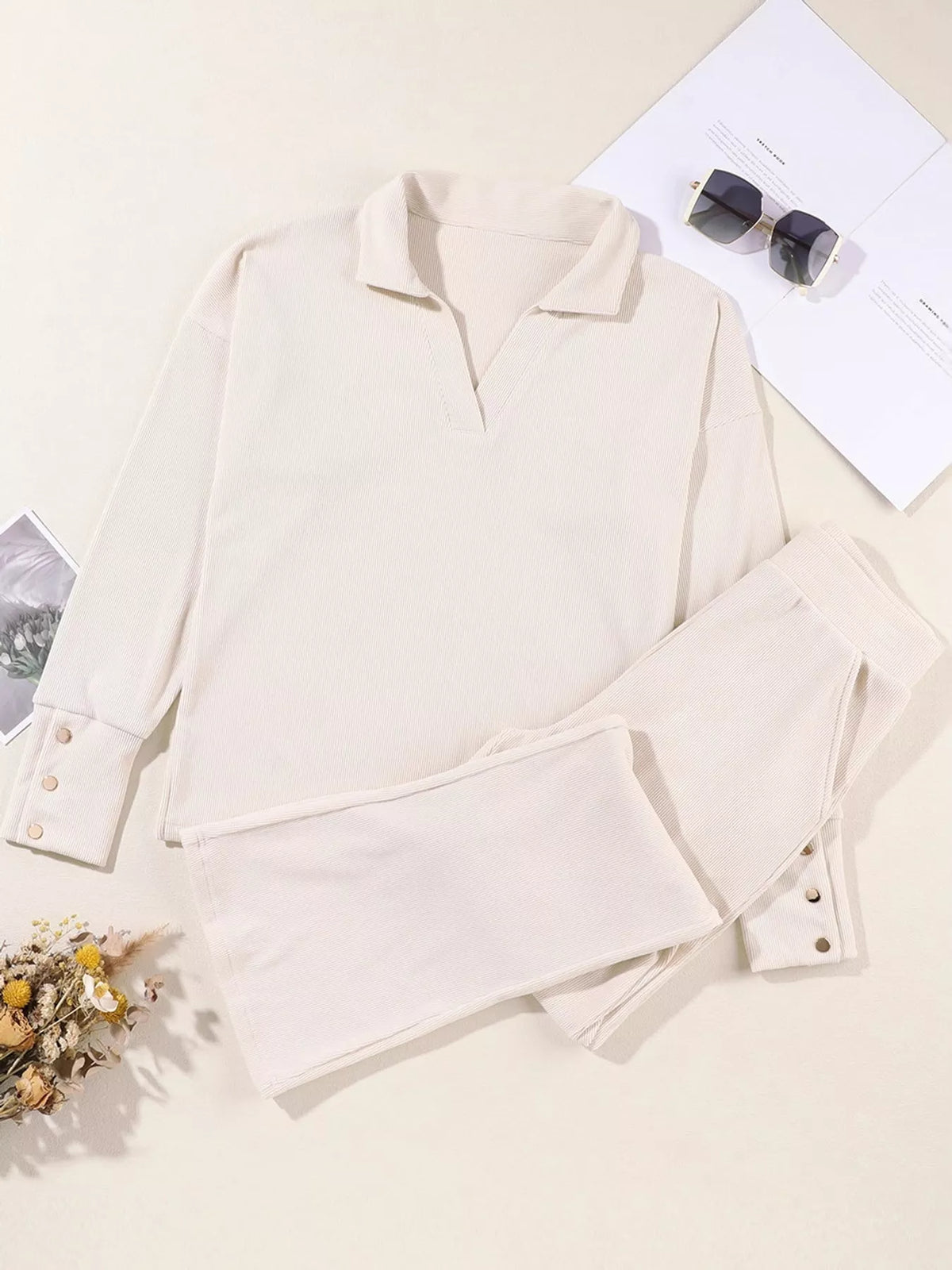 elegant long sleeve polo collar top and pants set | dropsona - neutral - size reference