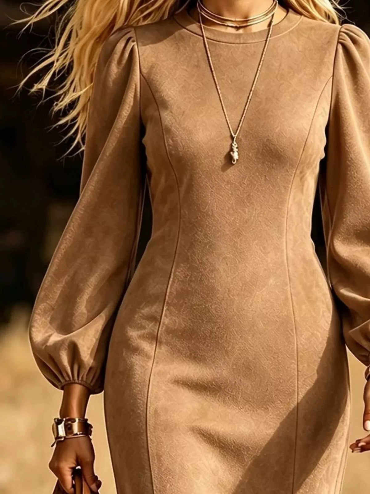 fringe round neck balloon sleeve dress – | dropsona - neutral - material texture