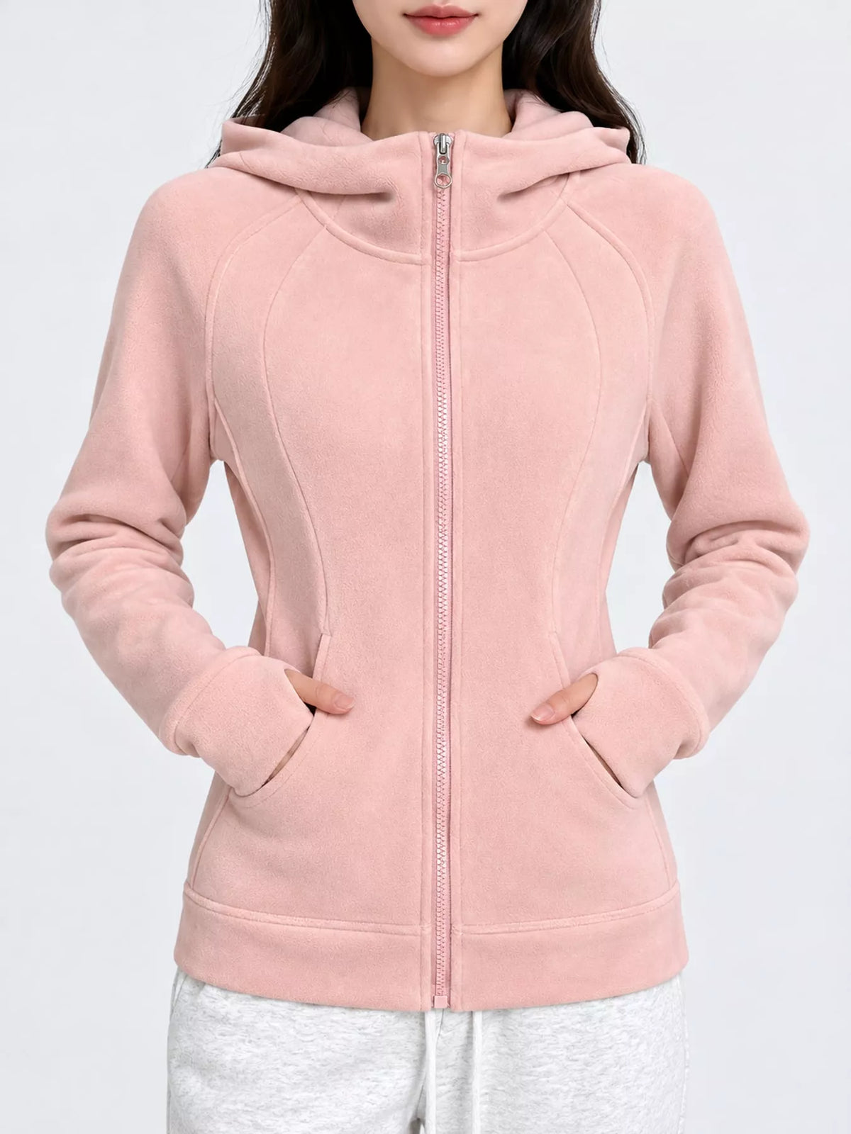 slim-fit full-zip thumb hole long sleeve hoodie with | dropsona - neutral - material texture