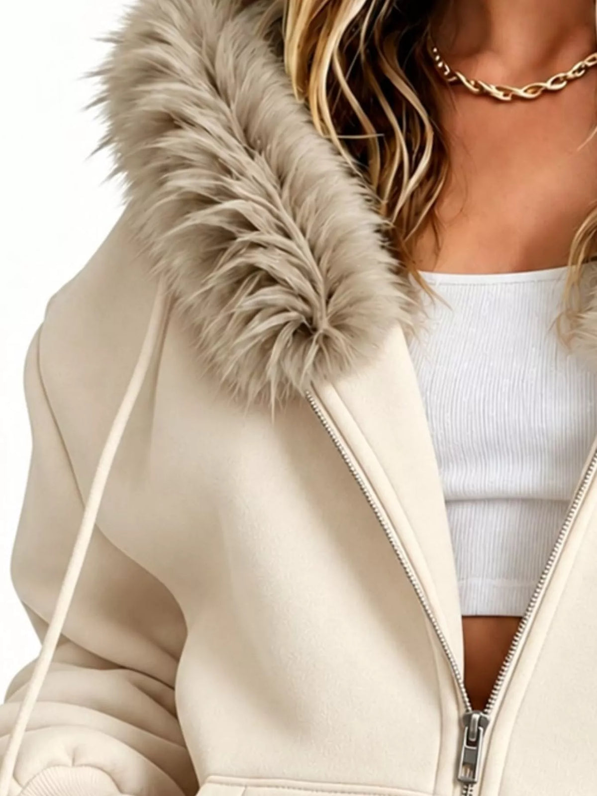 full size faux fur hood zip-up hoodie plus | dropsona - neutral - material texture