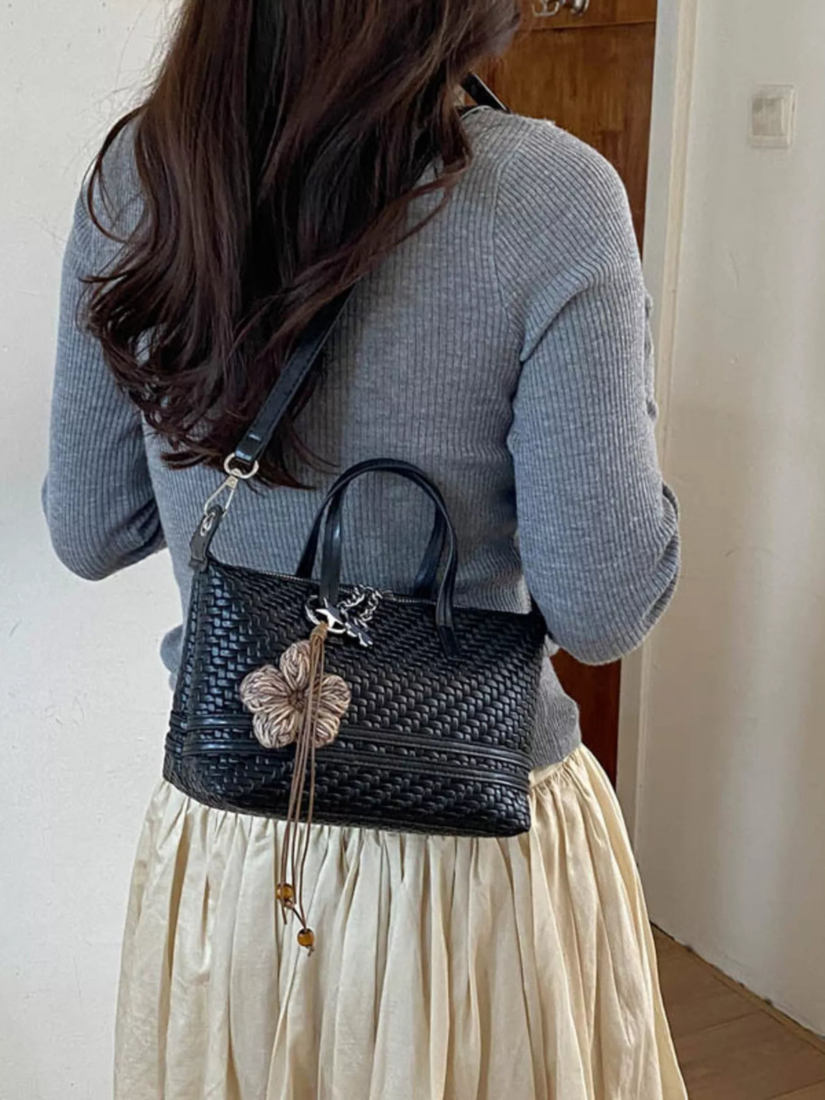 woven texture crossbody bag – stylish sling | dropsona - neutral - close-up detail