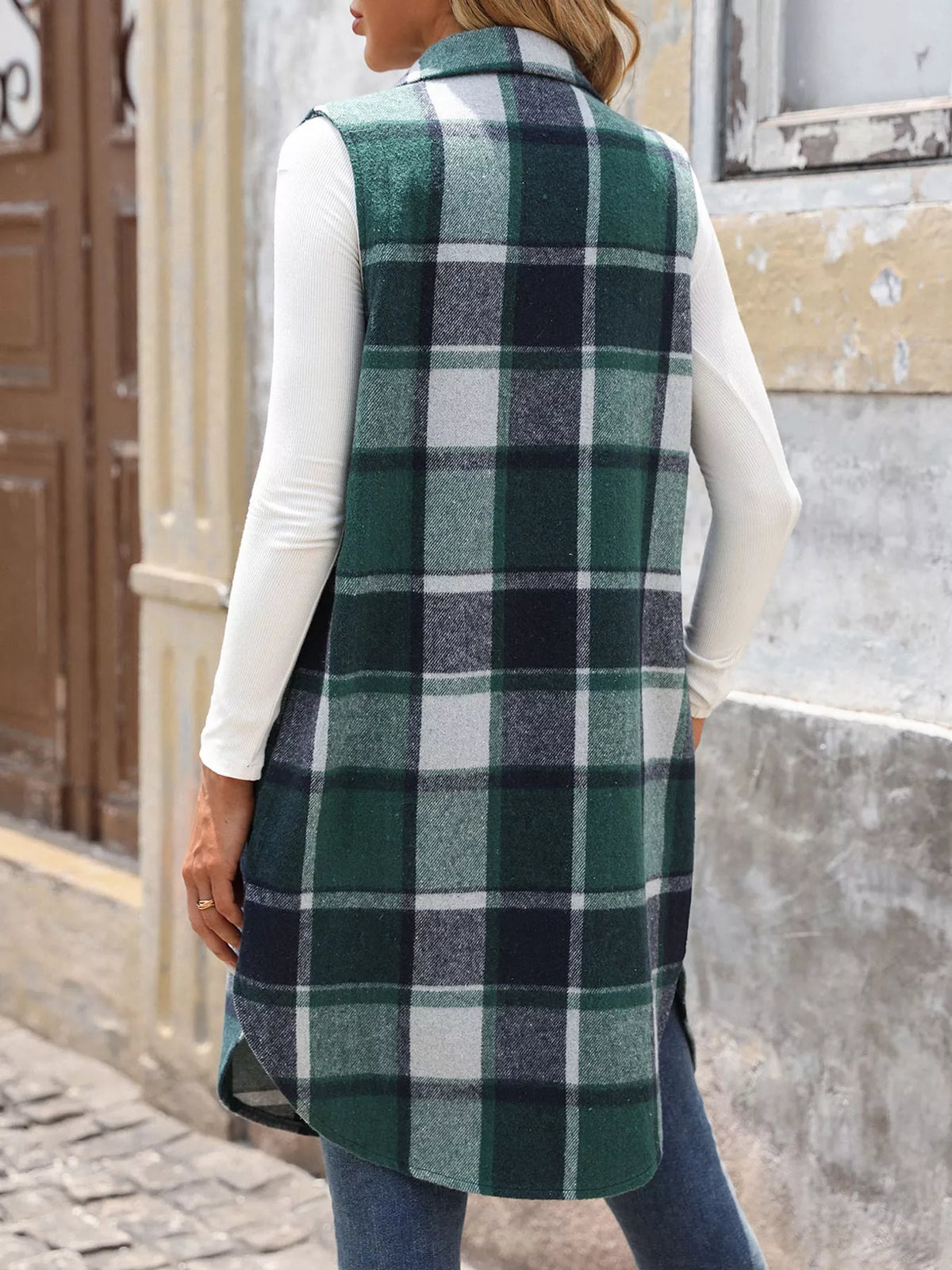 longline plaid button-down vest coat | dropsona - neutral - packaging