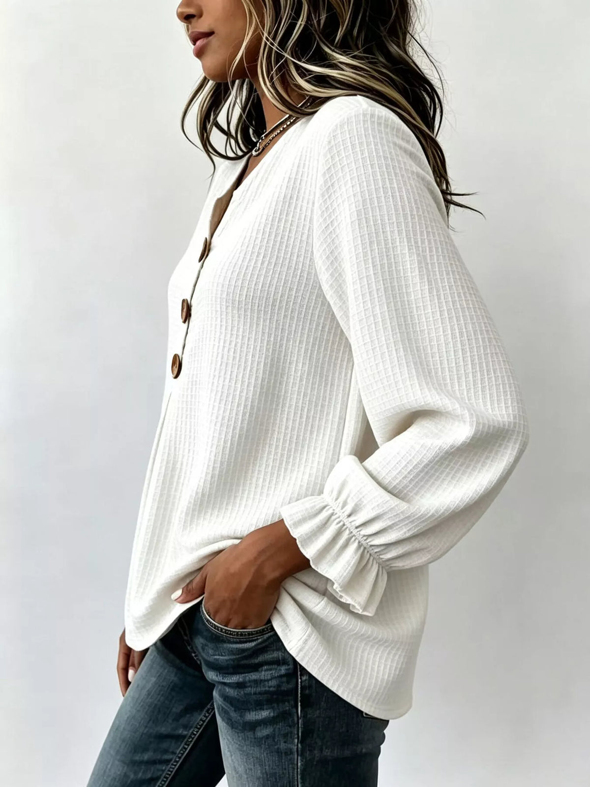 waffle knit long sleeve top | dropsona - neutral - material texture
