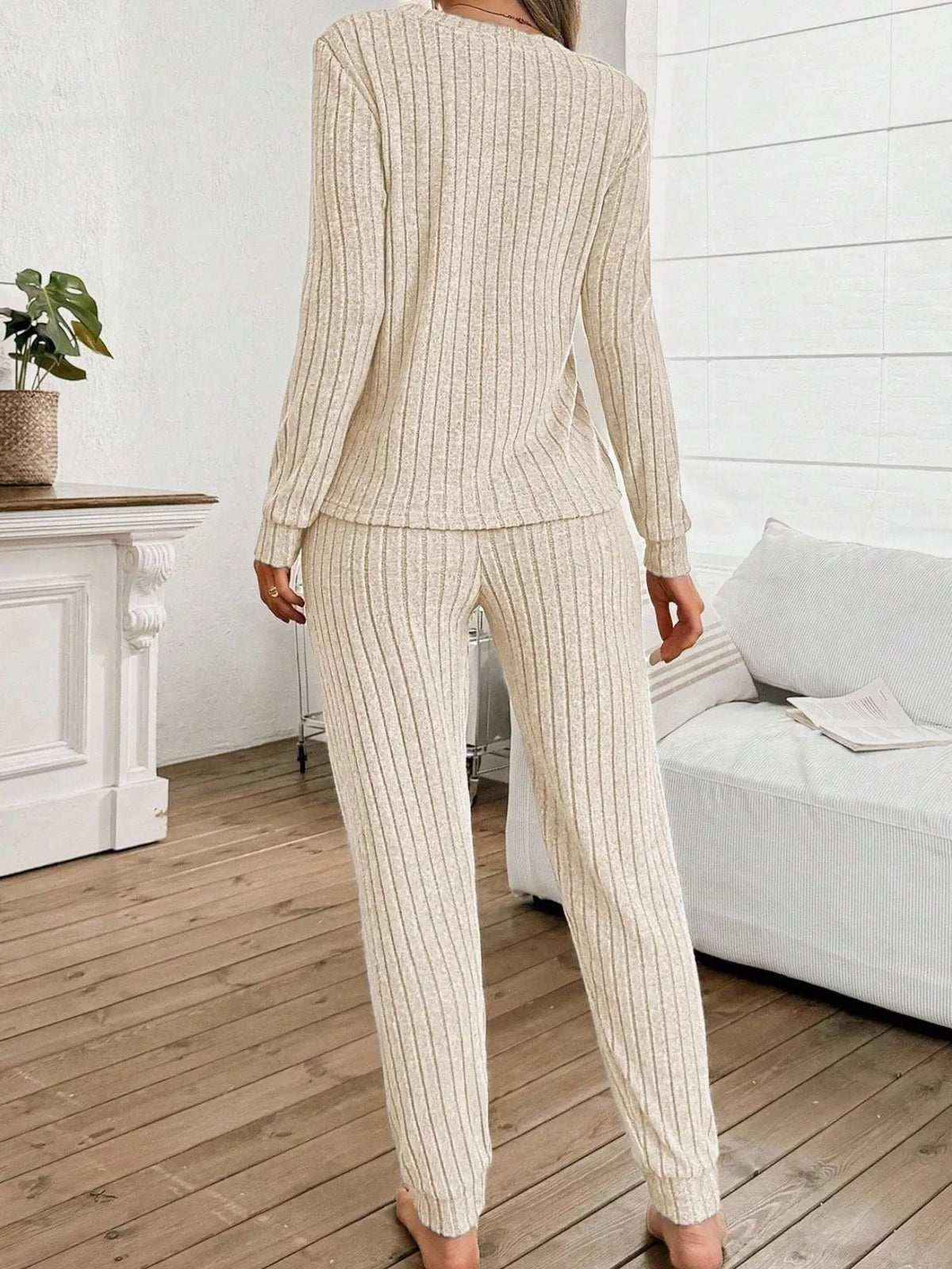 ribbed knit long sleeve top and pants loungewear set | dropsona - neutral - close-up detail