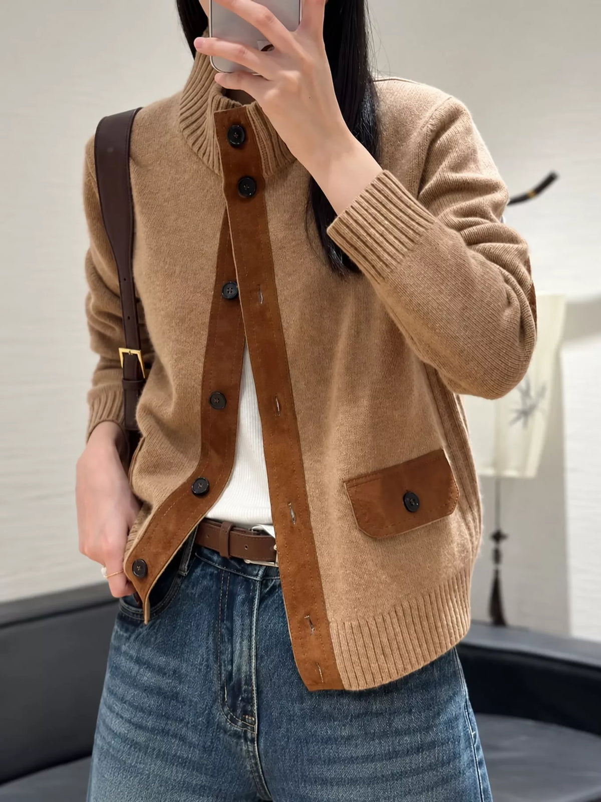ribbed-knit mock neck cardigan – buttoned,pocketed fit | dropsona - neutral - size reference