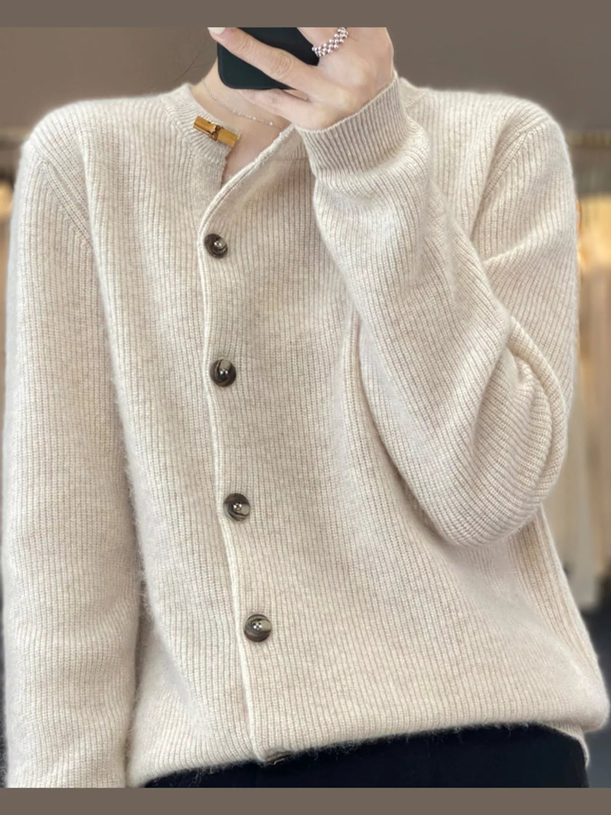 ribbed knit asymmetrical button cardigan | dropsona - neutral - close-up detail