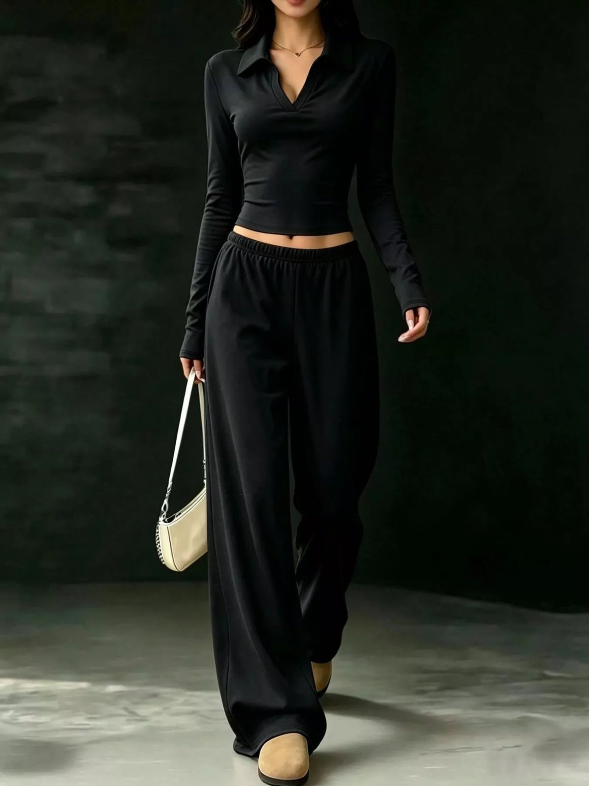 long-sleeve polo top and wide-leg pants set | dropsona - neutral - usage example