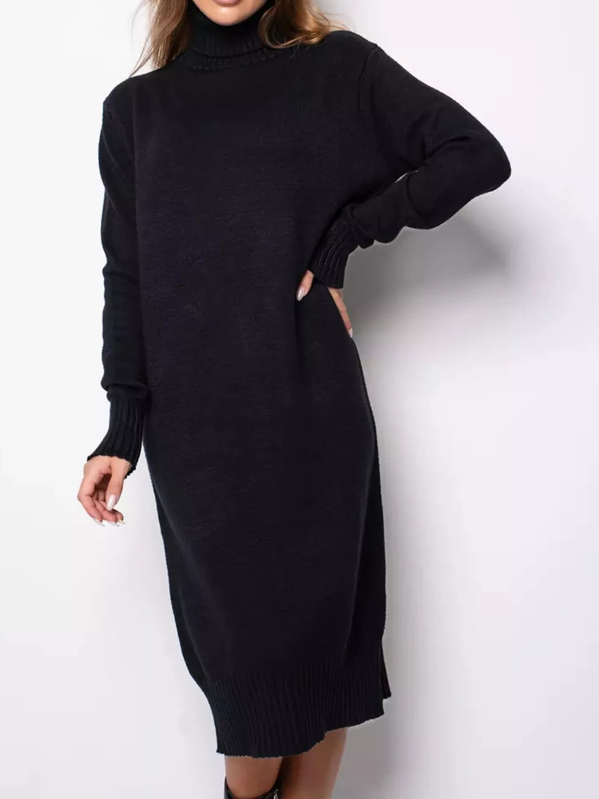turtleneck ribbed knit sweater dress | dropsona - neutral - material texture