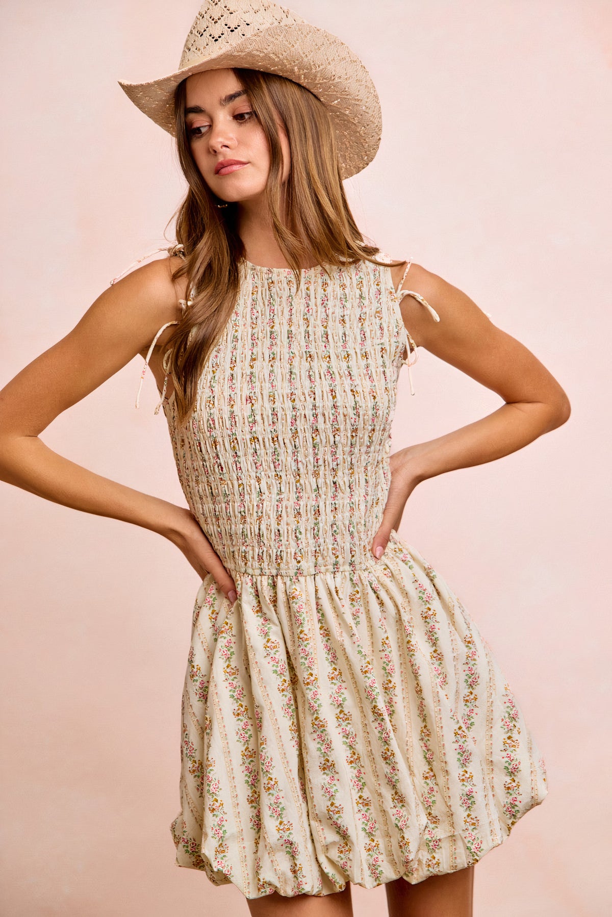 bibi floral bow tie attachable puff sleeves dress - everyday wear