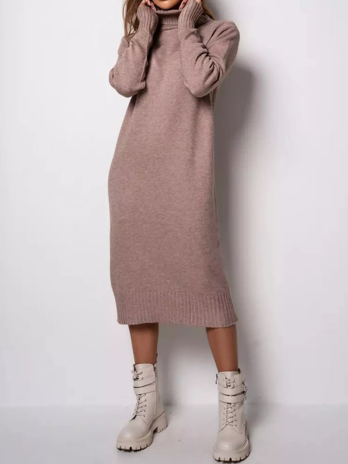 turtleneck ribbed knit sweater dress | dropsona - neutral - close-up detail