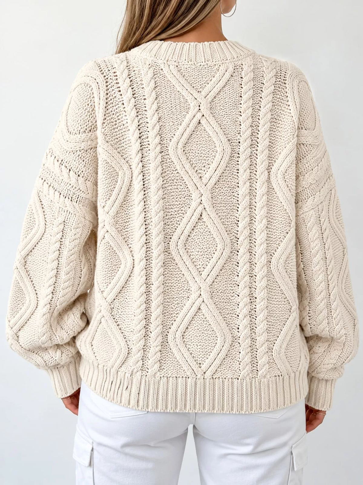 full size cable-knit round neck sweater plus | dropsona - neutral - close-up detail