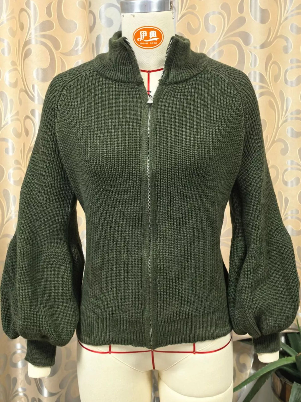 full size elegant ribbed knit zip-up cardigan with | dropsona - neutral - size reference