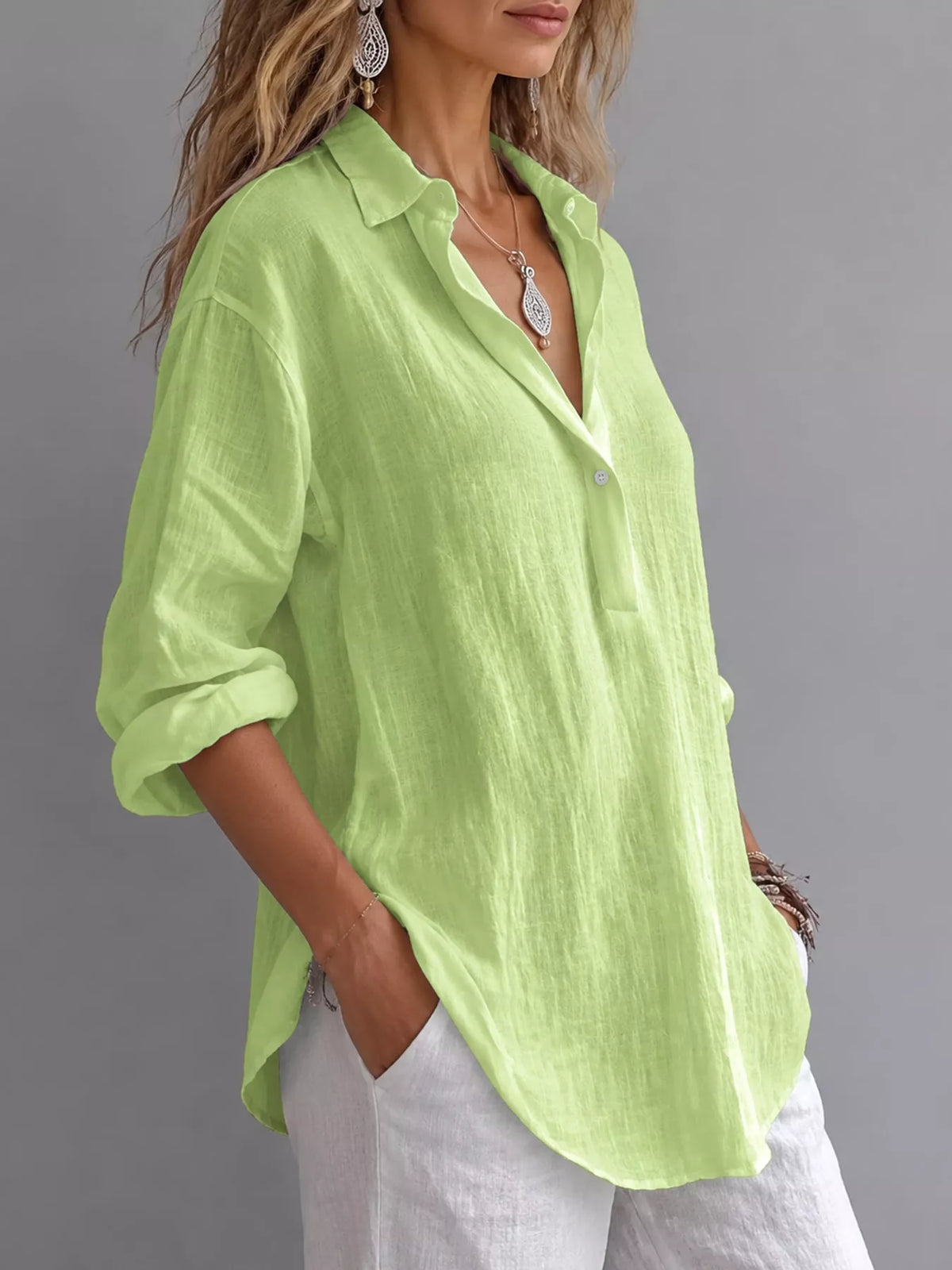 collared neck long sleeve blouse | dropsona - neutral - front view