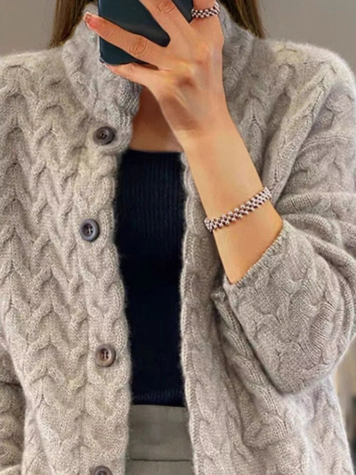 full size textured knit button-down cardigan plus | dropsona - neutral - front view