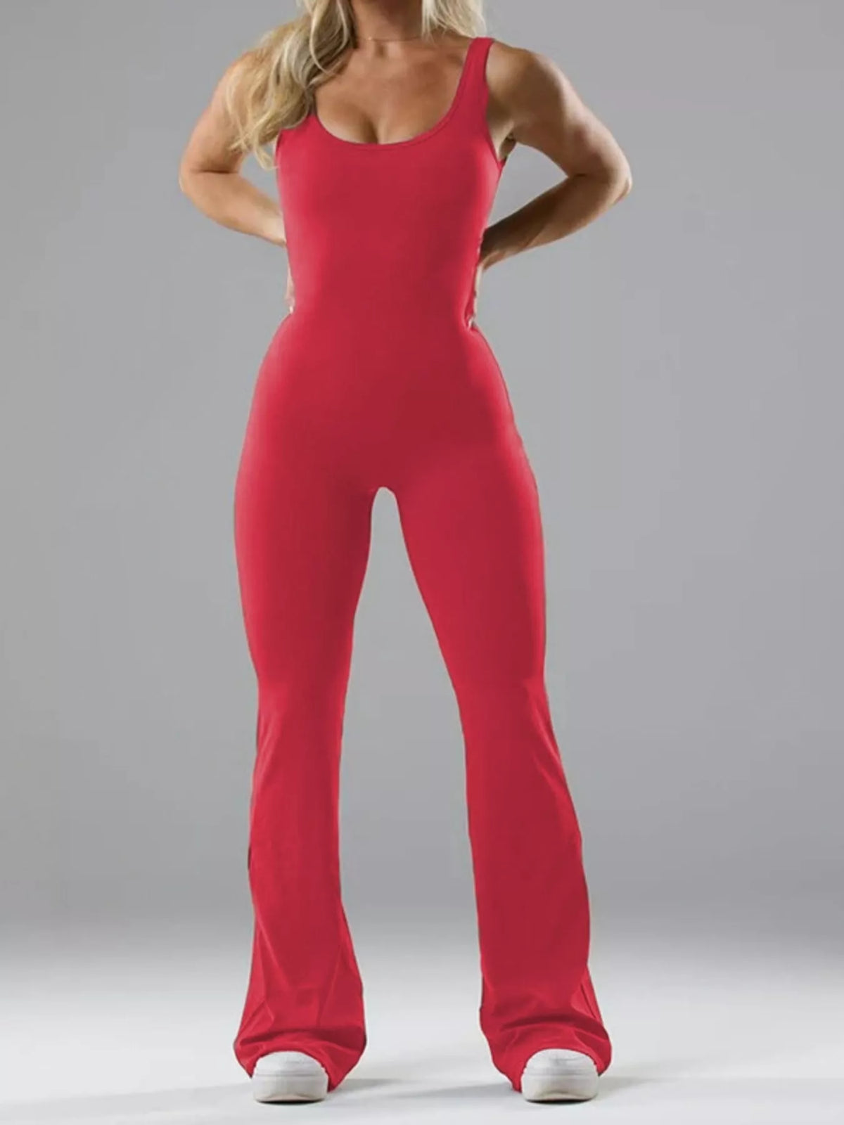seamless scoop neck active jumpsuit with flared leg | dropsona - neutral - packaging