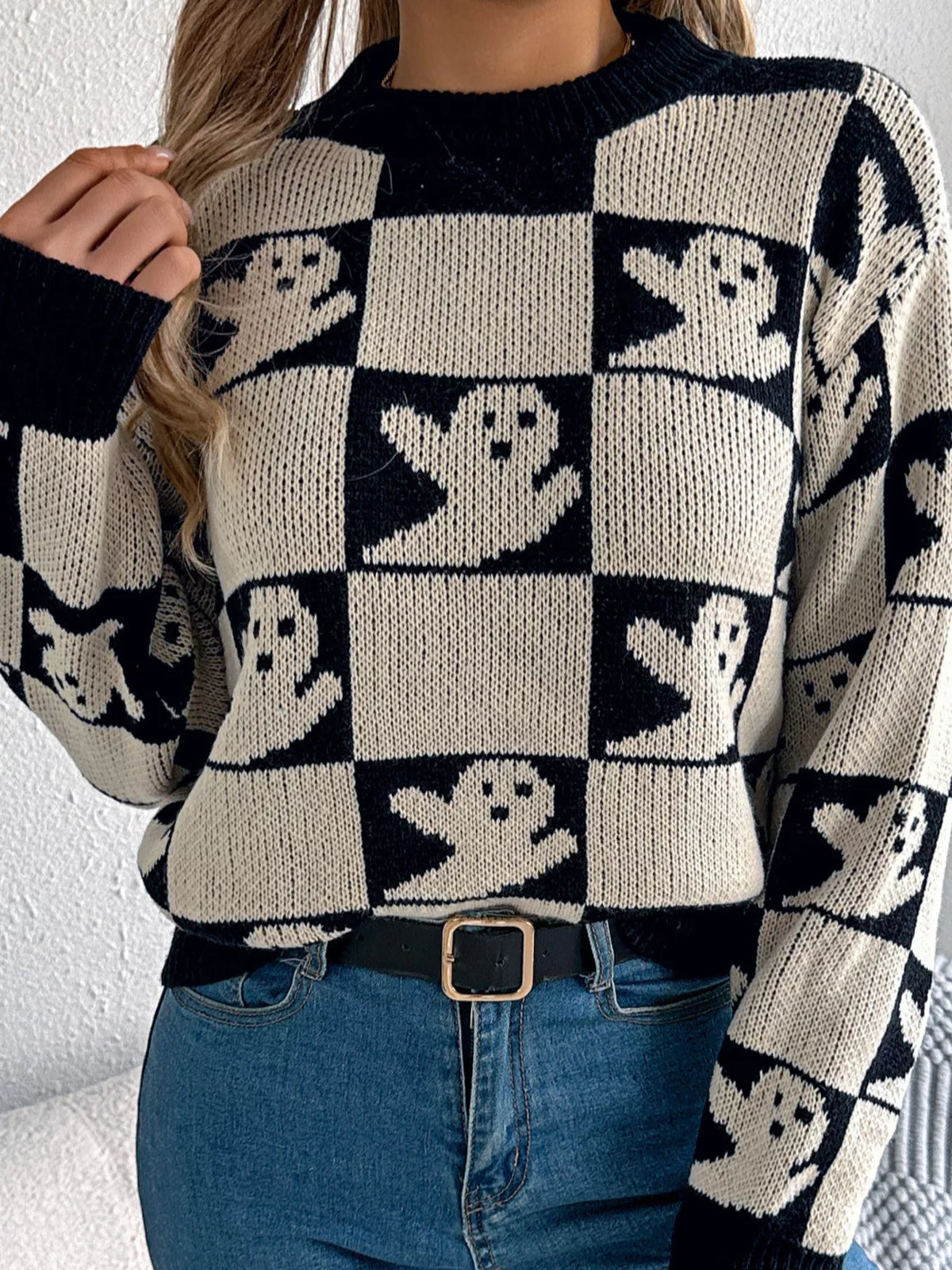 checkerboard halloween graphic sweater – basic style | dropsona - neutral - front view