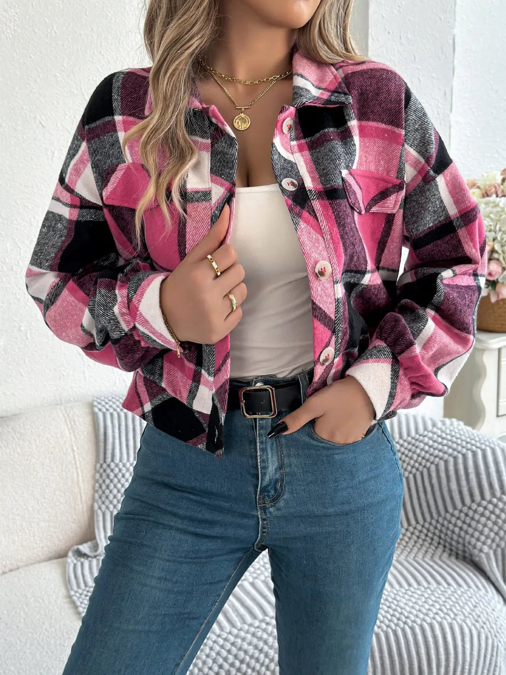 plaid button up long sleeve jacket – buttoned | dropsona - neutral - size reference