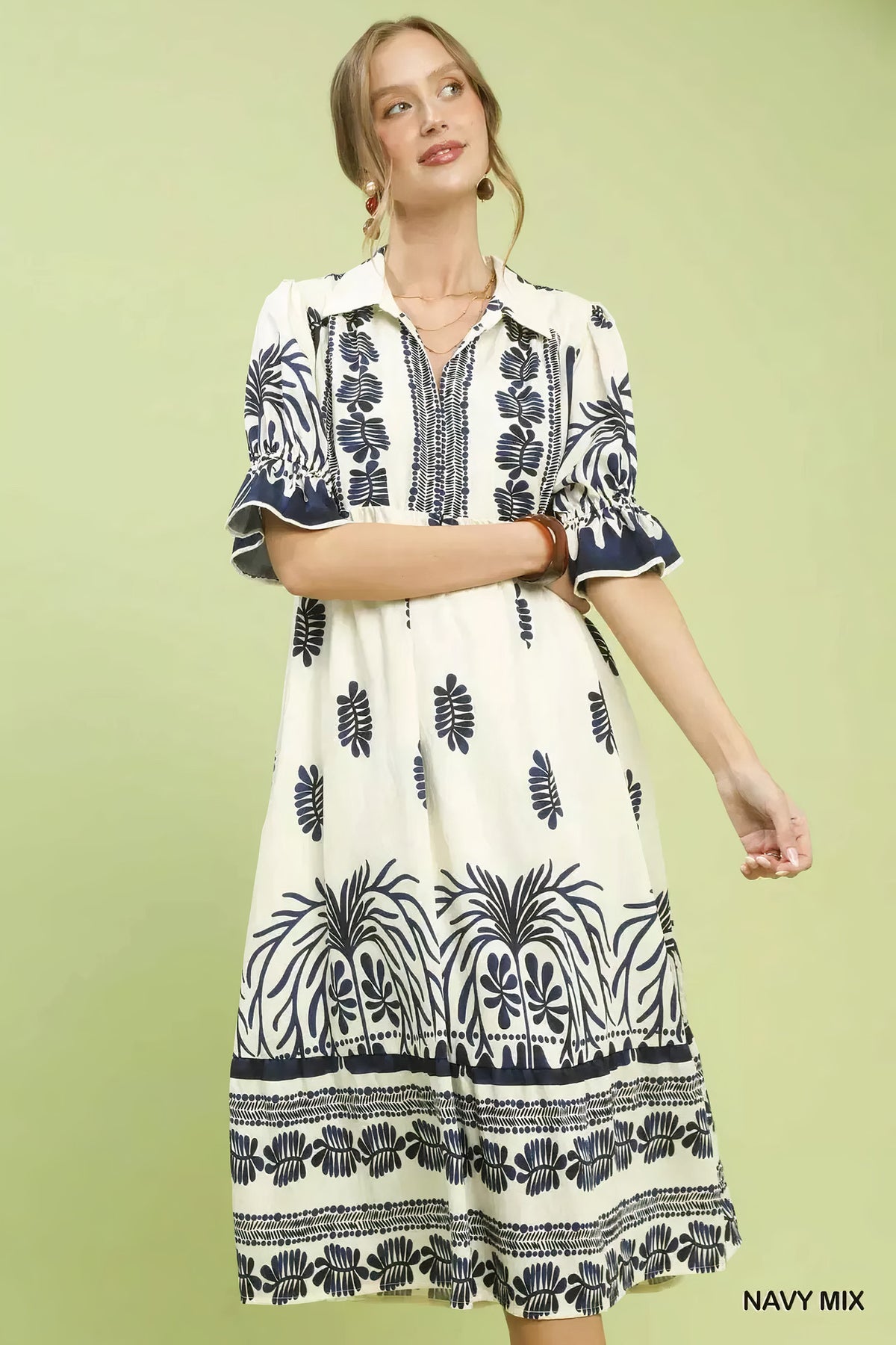 umgee border print midi dress with puff sleeves - everyday wear