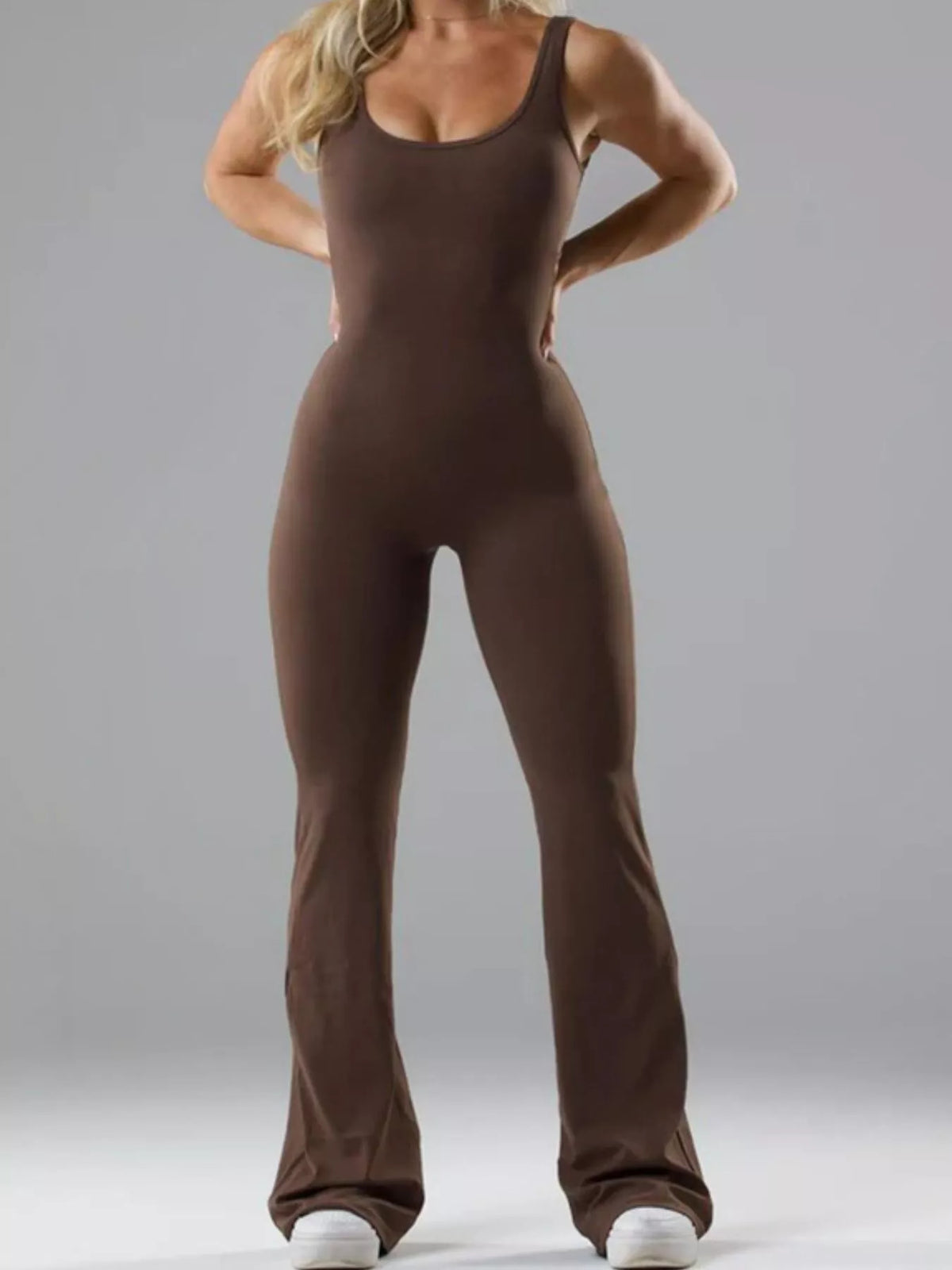 seamless scoop neck active jumpsuit with flared leg | dropsona - neutral - material texture