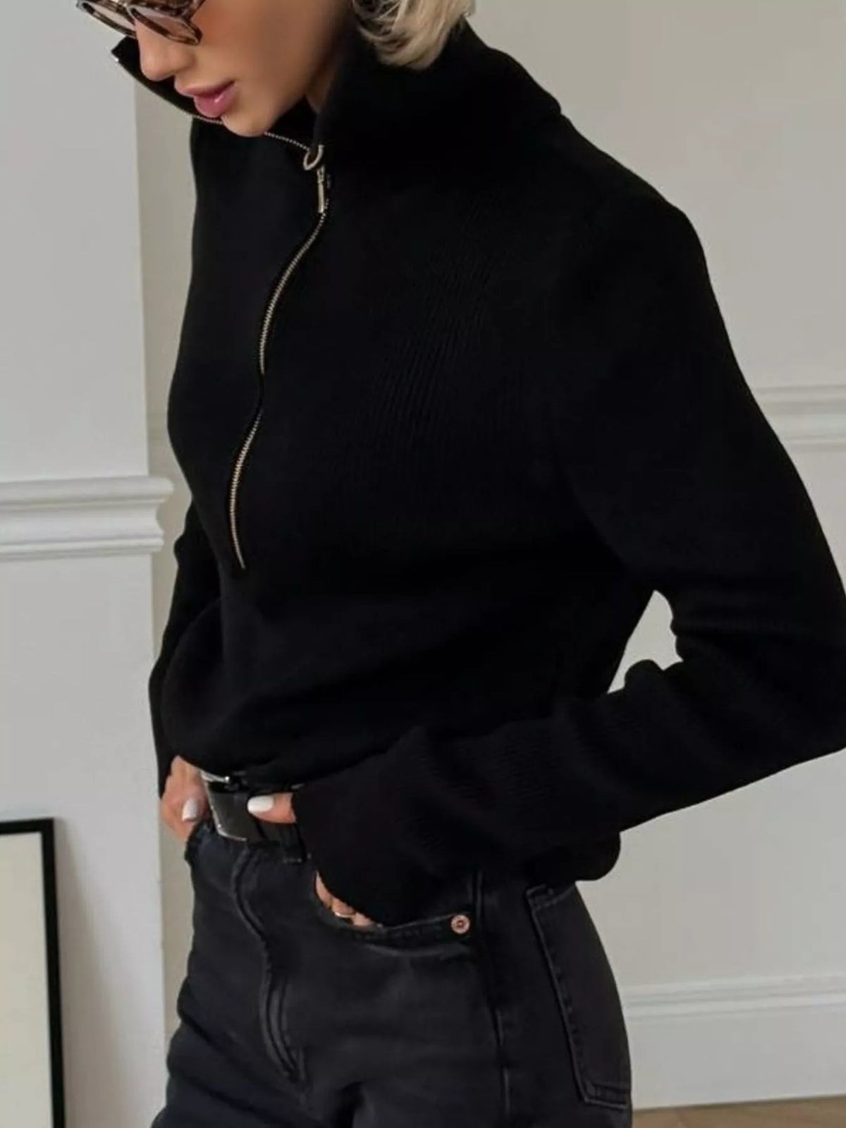 ribbed knit quarter-zip sweater – zipper | dropsona - neutral - material texture