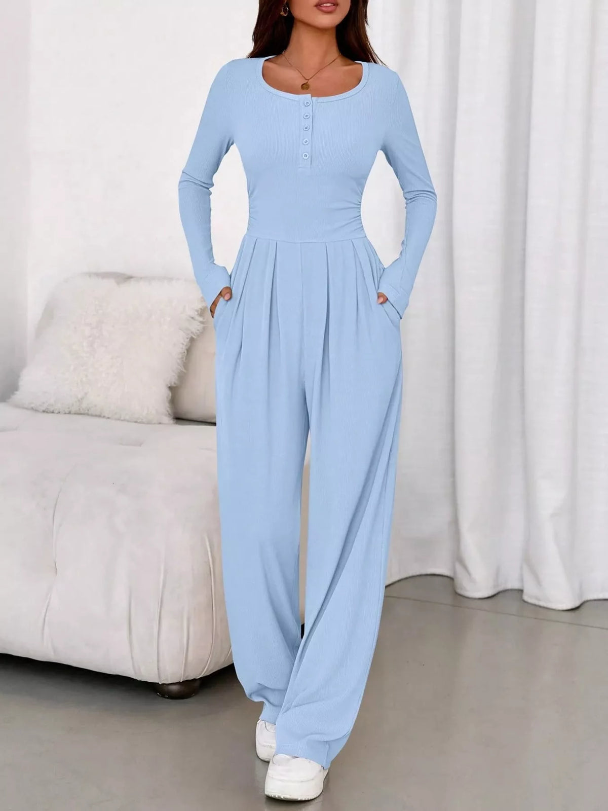 long sleeve ribbed knit wide leg jumpsuit | dropsona - neutral - front view