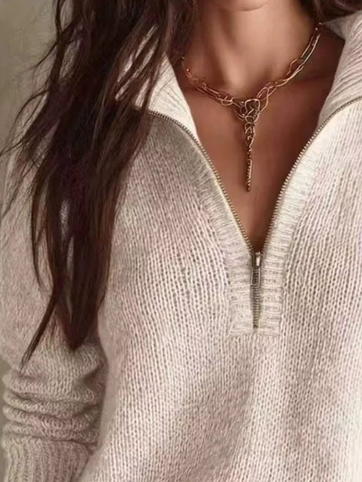 half zip dropped shoulder sweater – zipper | dropsona - neutral - front view