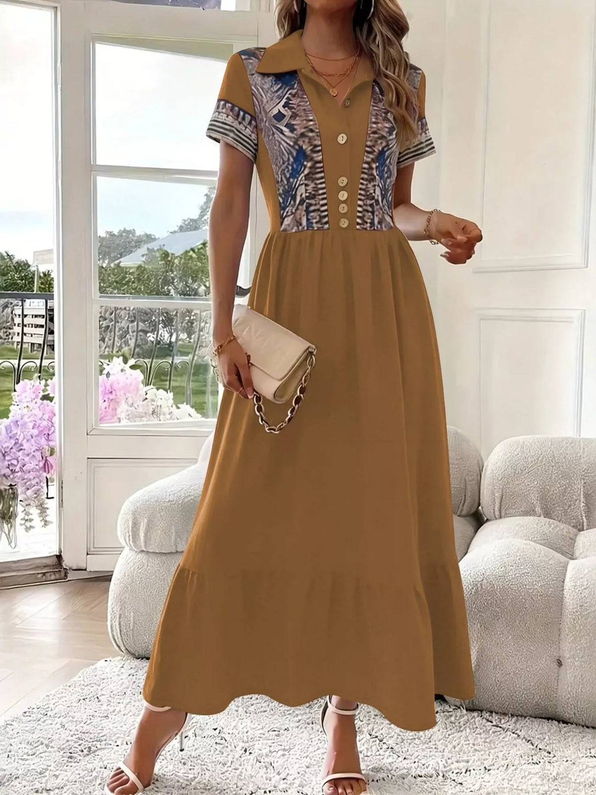 printed button-front maxi dress – buttoned,ruffled | dropsona - neutral - size reference