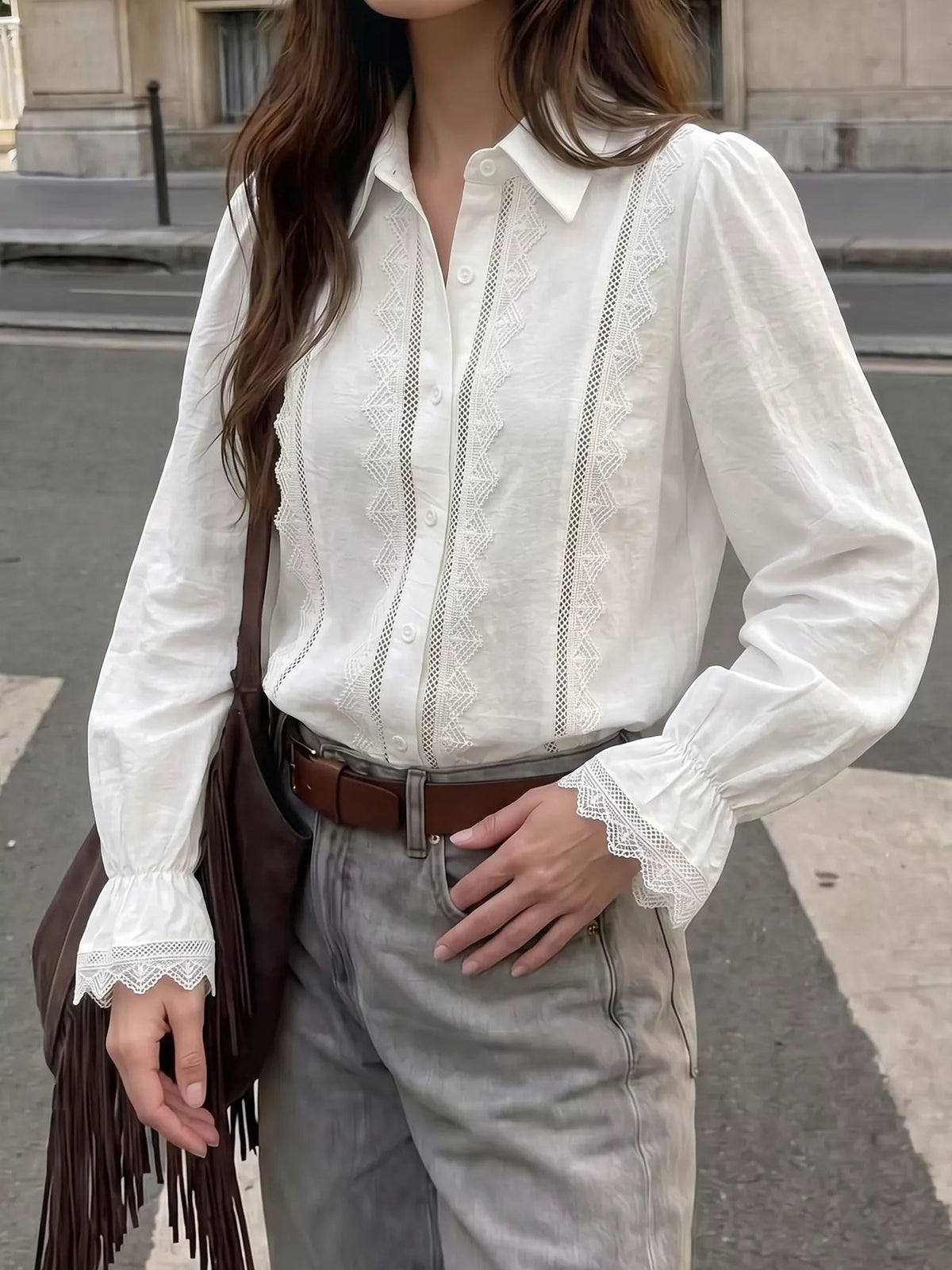 lace-trimmed button-down shirt – buttoned,lace detail | dropsona - neutral - close-up detail