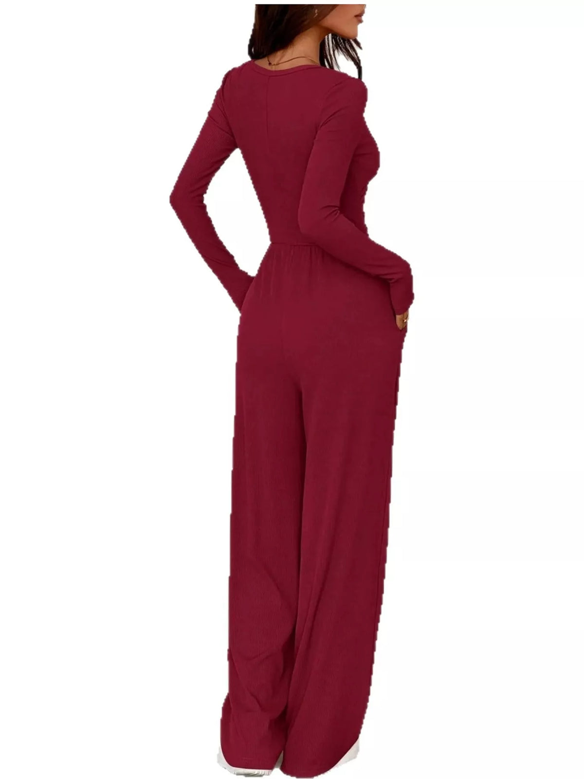 long sleeve ribbed knit wide leg jumpsuit | dropsona - neutral - packaging
