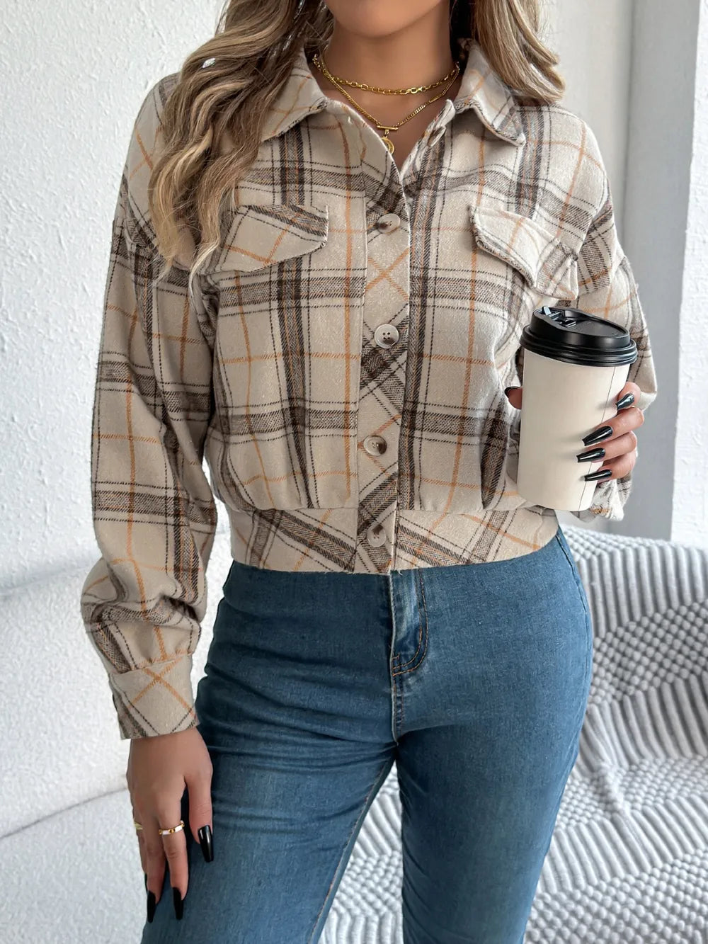 plaid button up long sleeve jacket – buttoned | dropsona - neutral - usage example
