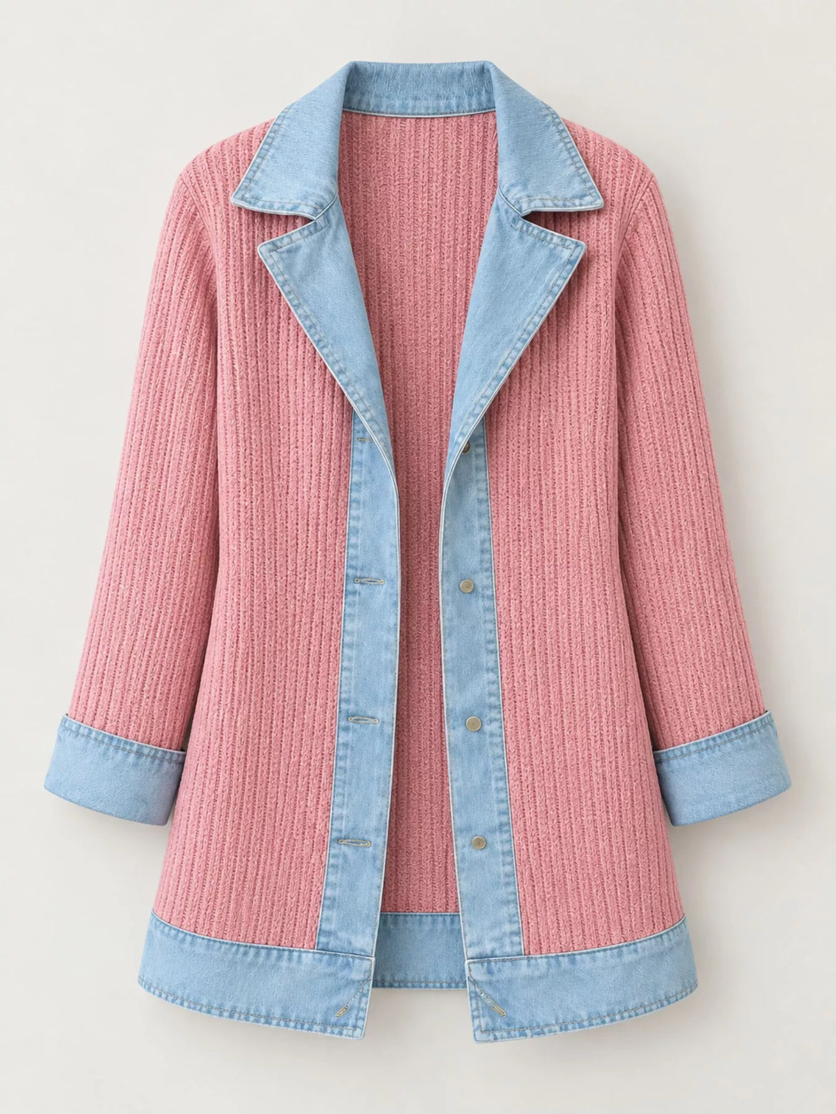 full size denim trim ribbed knit cardigan plus | dropsona - neutral - material texture