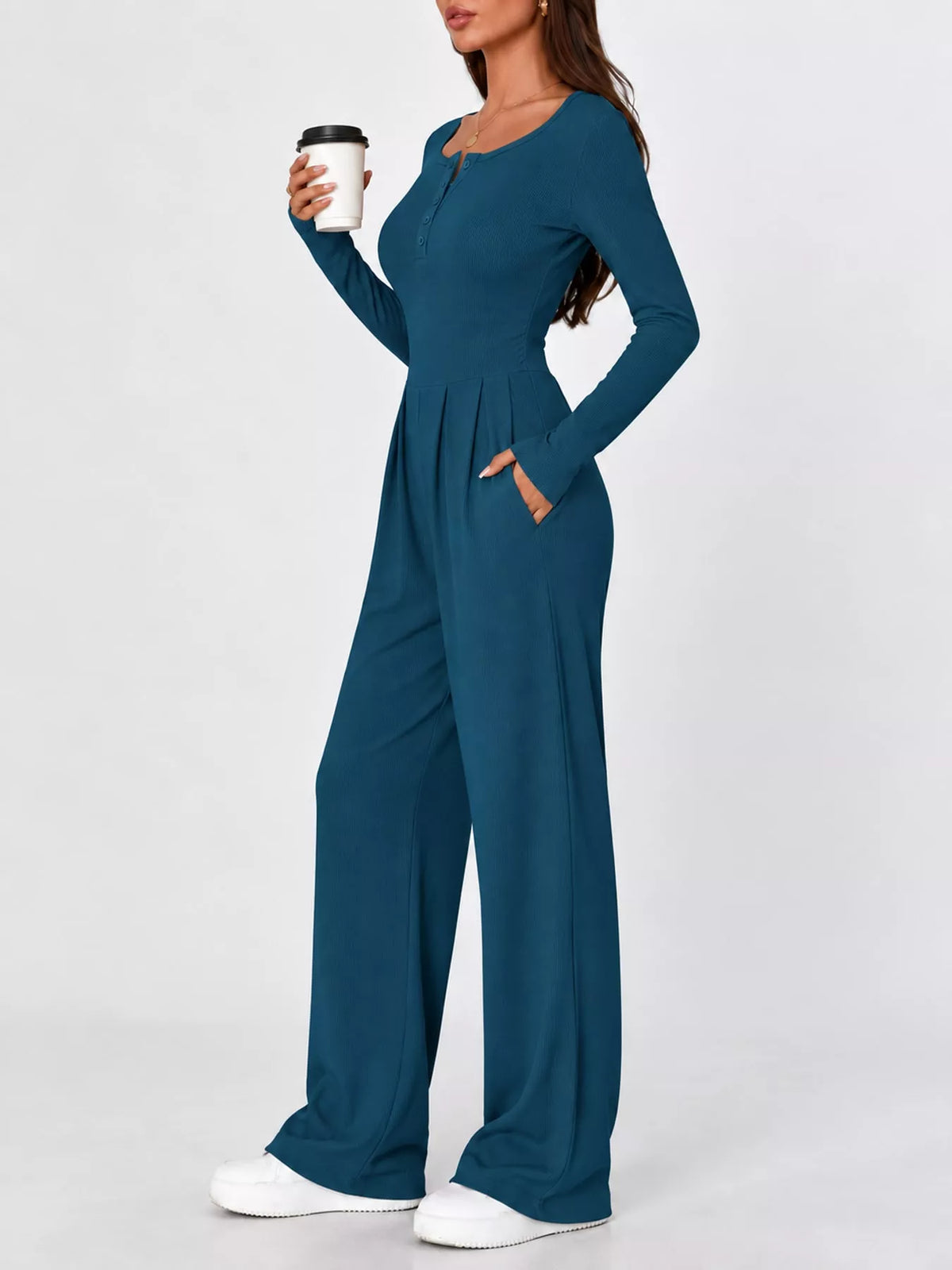long sleeve ribbed knit wide leg jumpsuit | dropsona - neutral - front view