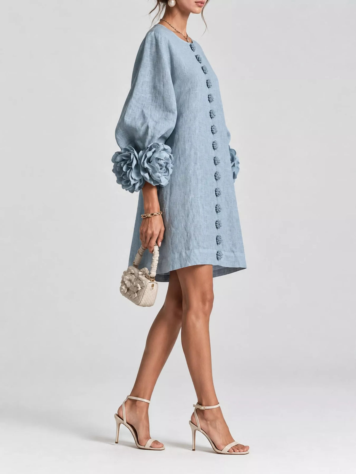 full size 3d floral sleeve accents mini dress plus | dropsona - neutral - front view