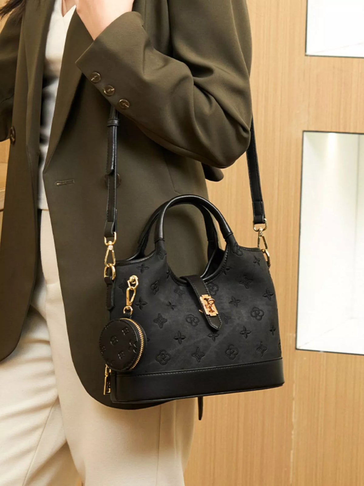 embossed crossbody bag with detachable coin pouch | dropsona - neutral - front view