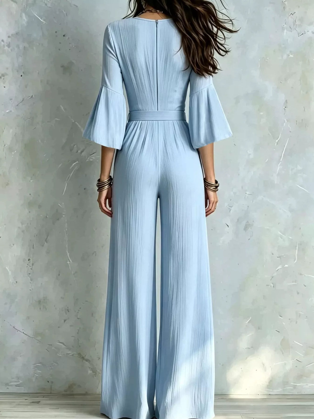pleated wide-leg jumpsuit with tie-waist | dropsona - neutral - front view